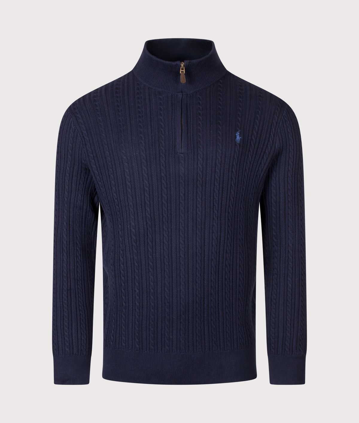 Polo Ralph Lauren Regular Fit Cable Knit Quarter Zip Jumper in Hunter Navy at EQVVS Menswear. Front shot.