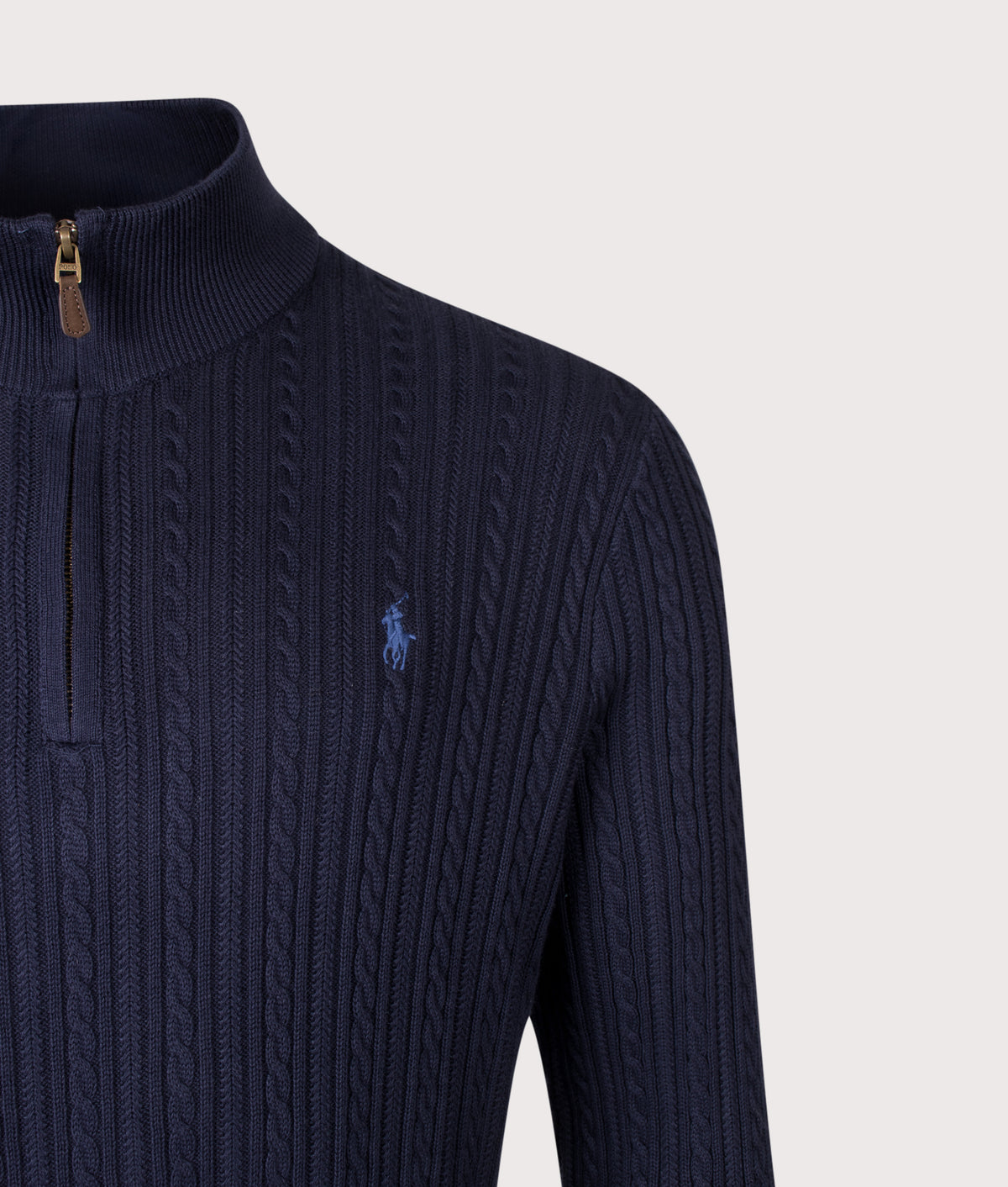 Polo Ralph Lauren Regular Fit Cable Knit Quarter Zip Jumper in Hunter Navy at EQVVS Menswear. Detail shot.