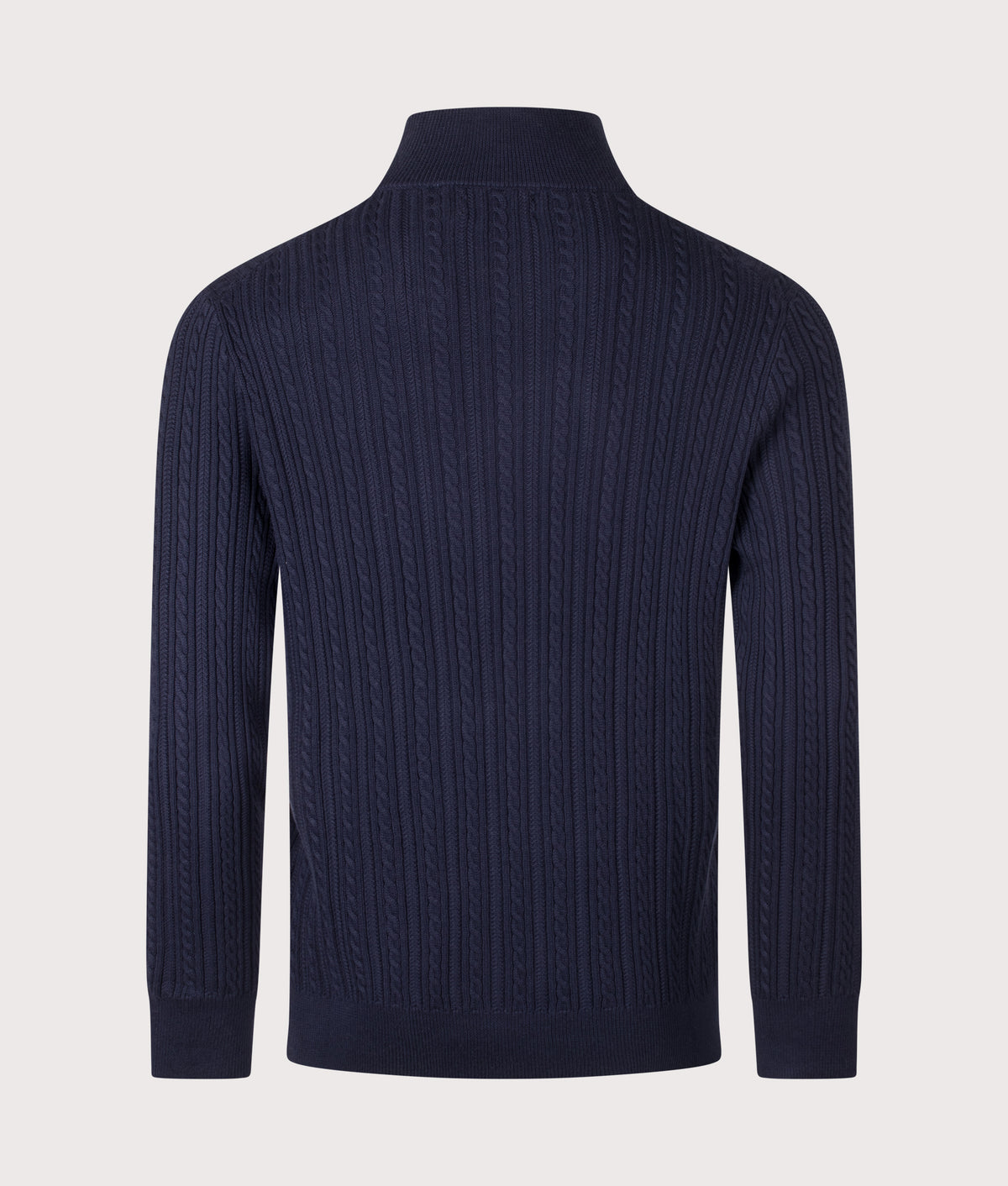 Polo Ralph Lauren Regular Fit Cable Knit Quarter Zip Jumper in Hunter Navy at EQVVS Menswear. Back shot.