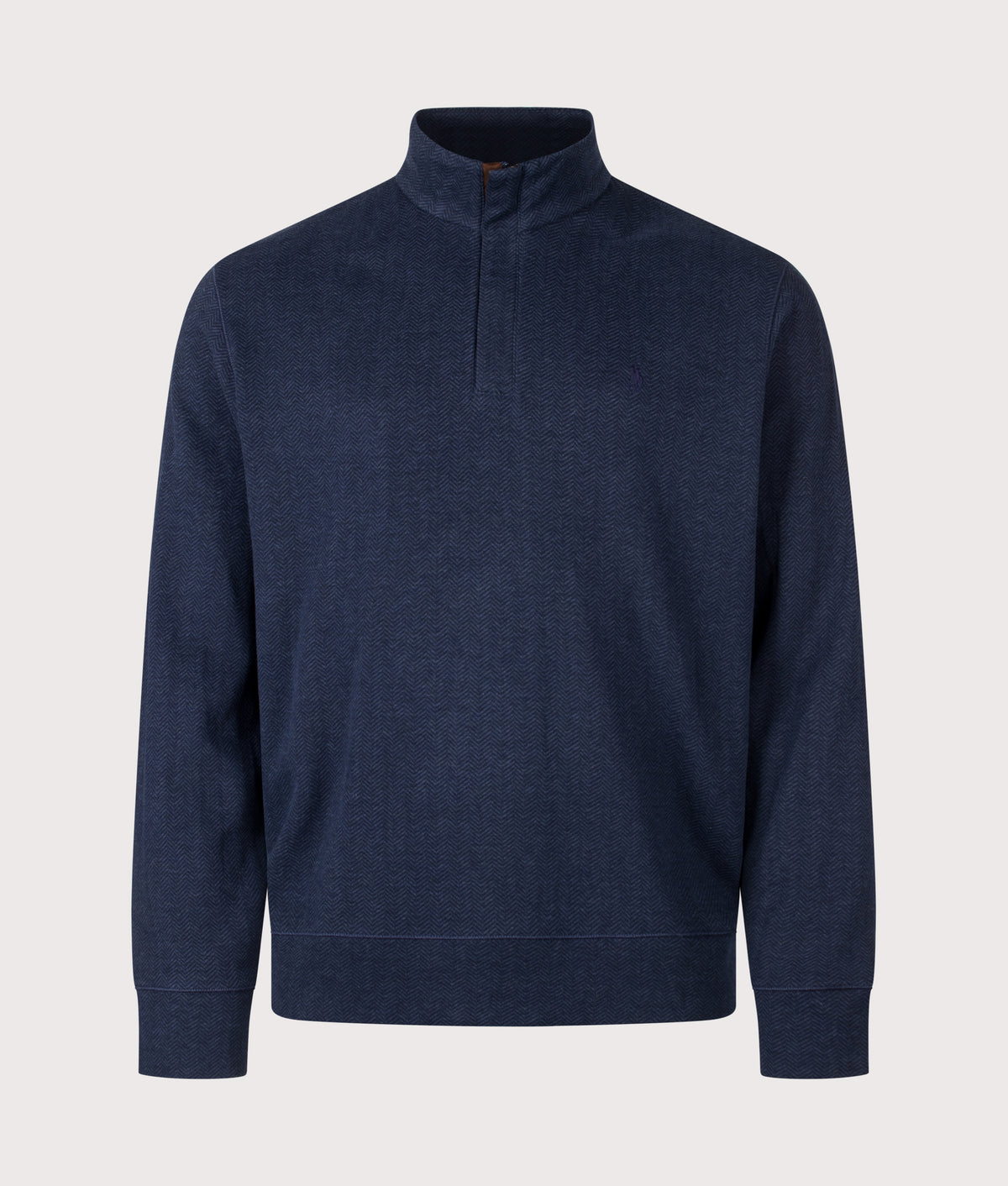 Polo Ralph Lauren Herringbone-Print Quarter Zip Sweatshirt in Spring Navy Heather at EQVVS Menswear. Front shot.