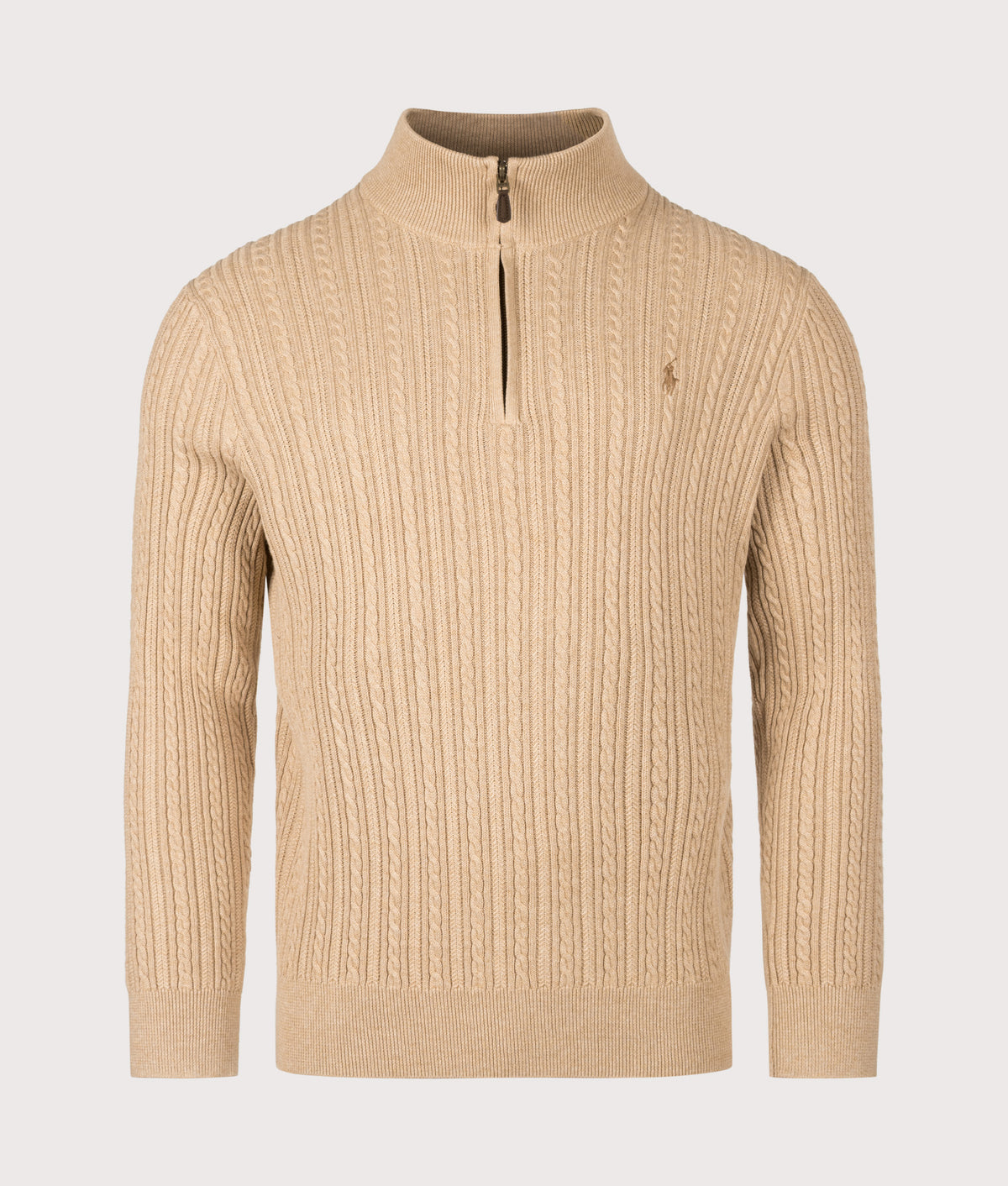 Polo Ralph Lauren Regular Fit Cable Knit Quarter Zip Jumper in Camel Melange at EQVVS Menswear. Front shot.