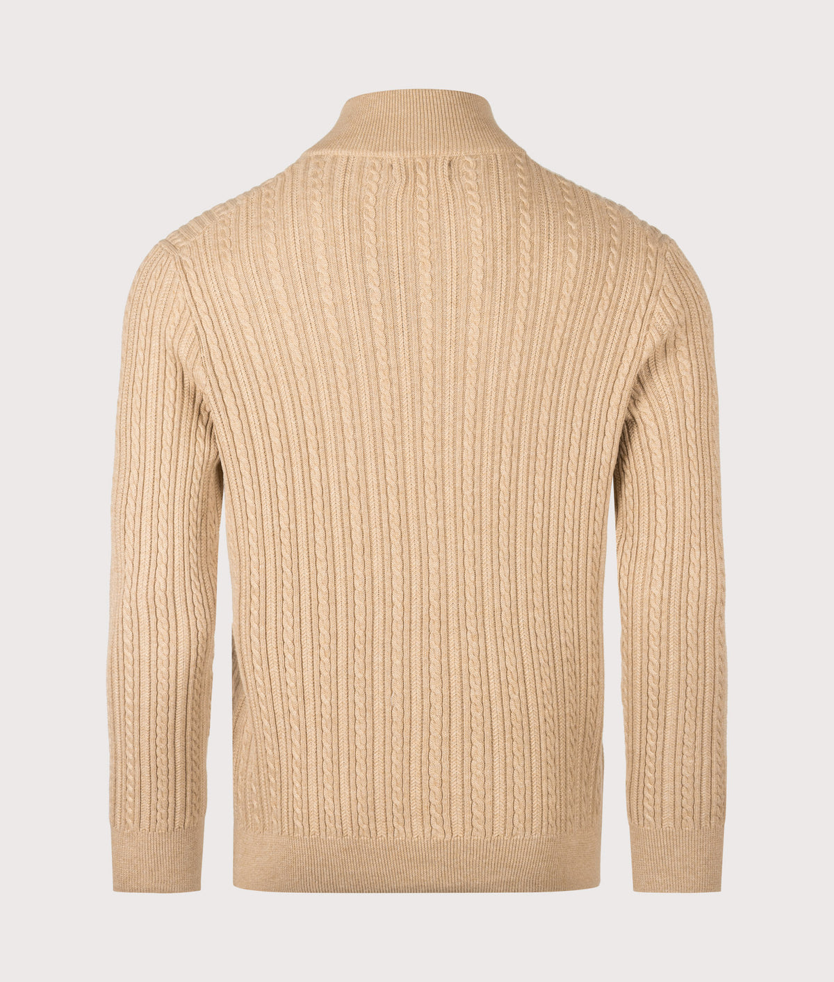 Polo Ralph Lauren Regular Fit Cable Knit Quarter Zip Jumper in Camel Melange at EQVVS Menswear. Back shot.