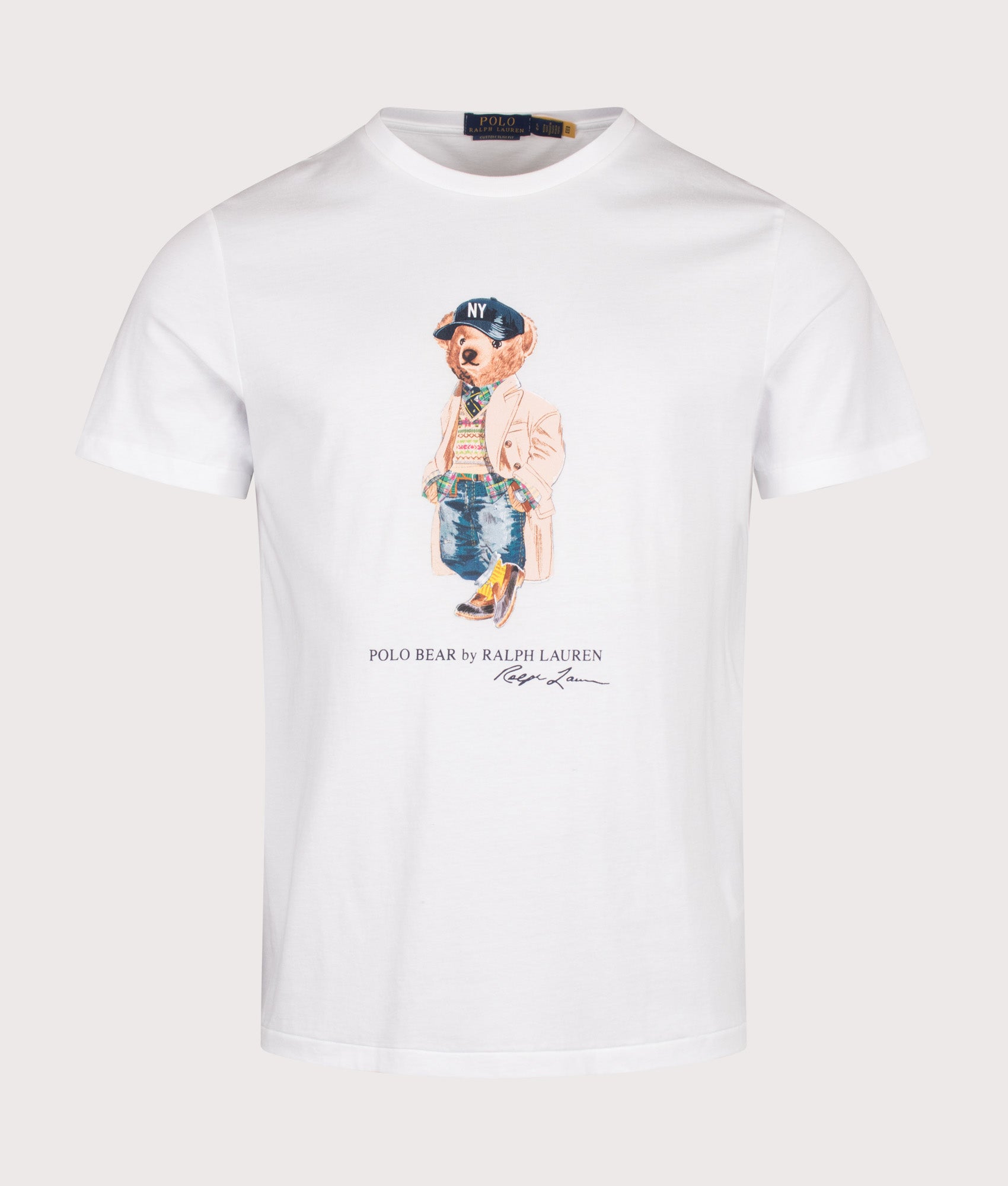 Polo Ralph Lauren Custom Slim Fit Polo Bear T-Shirt in White at EQVVS Menswear. Front shot.