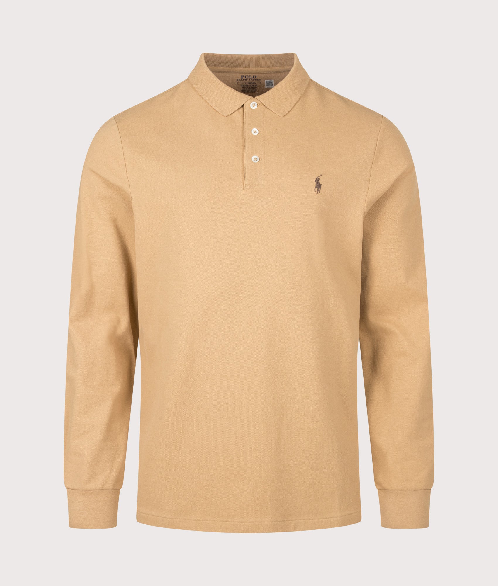 Polo Ralph Lauren Custom Slim Fit Stretch Mesh Long Sleeve Polo Shirt in Classic Camel at EQVVS Menswear. Front shot.