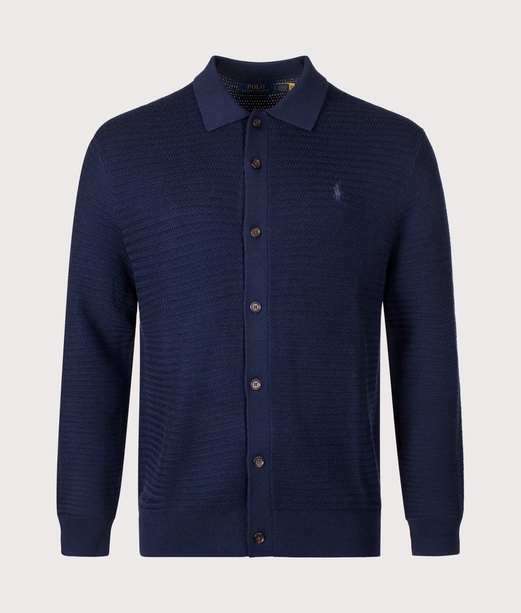 Polo Ralph Lauren Regular Fit Merino Wool Cardigan in Hunter Navy at EQVVS Menswear. Front shot.