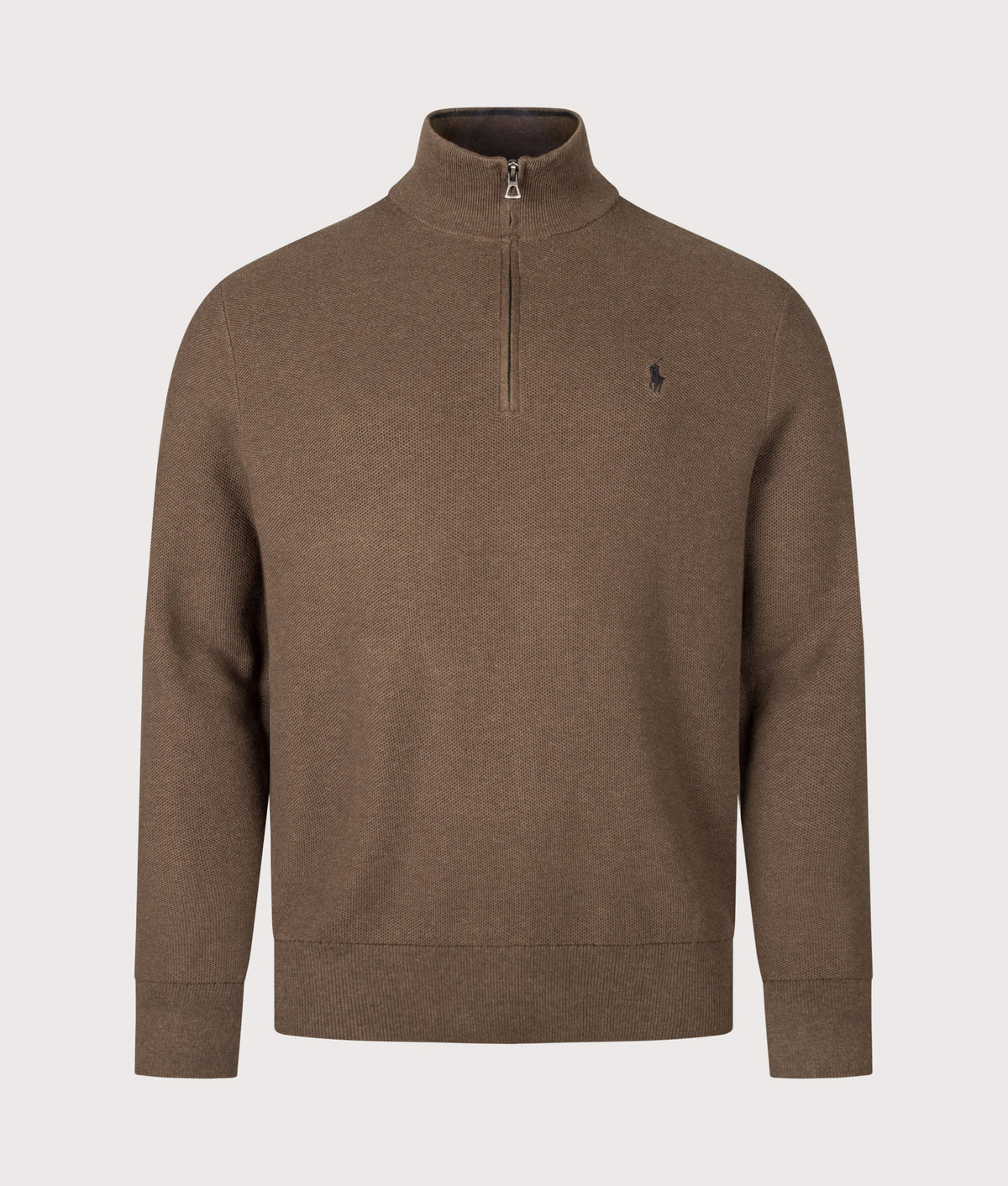 Polo Ralph Lauren Regular Fit Quarter Zip Cotton Mesh Knitted Jumper in Nutmeg Brown Heather at EQVVS Menswear. Front shot.