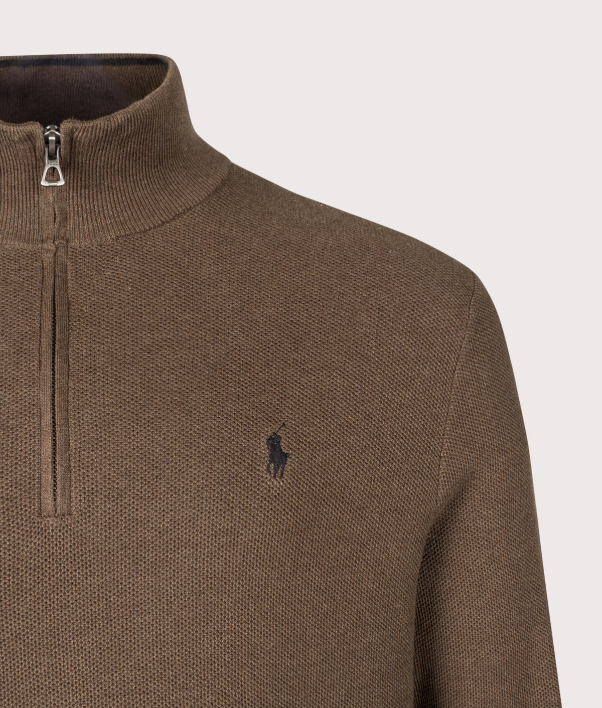 Polo Ralph Lauren Regular Fit Quarter Zip Cotton Mesh Knitted Jumper in Nutmeg Brown Heather at EQVVS Menswear. Detail shot.