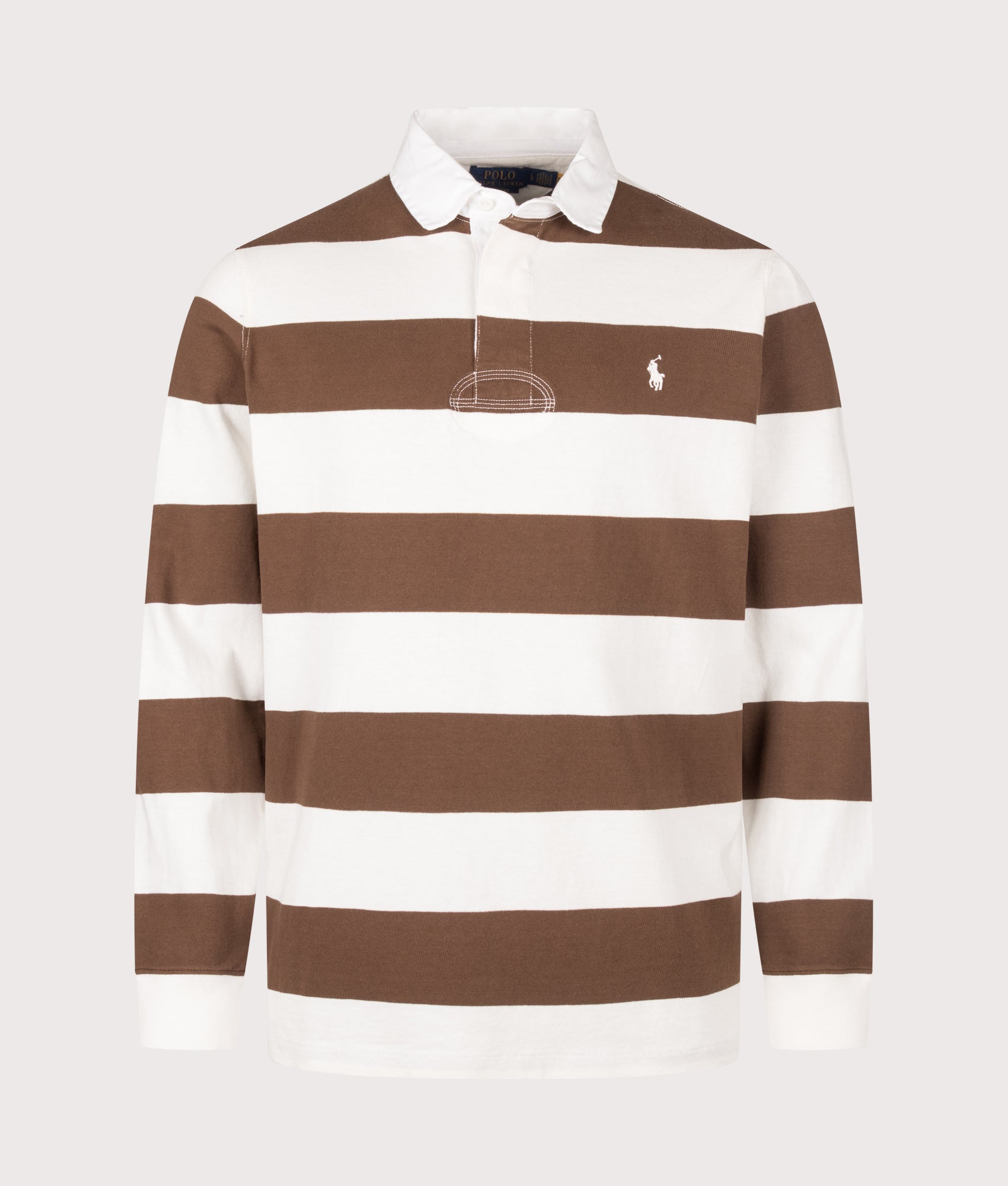 Polo Ralph Lauren Classic Fit The Iconic Striped Rugby Shirt in Trophy Cream and Chocolate Brown at EQVVS Menswear. Front shot.