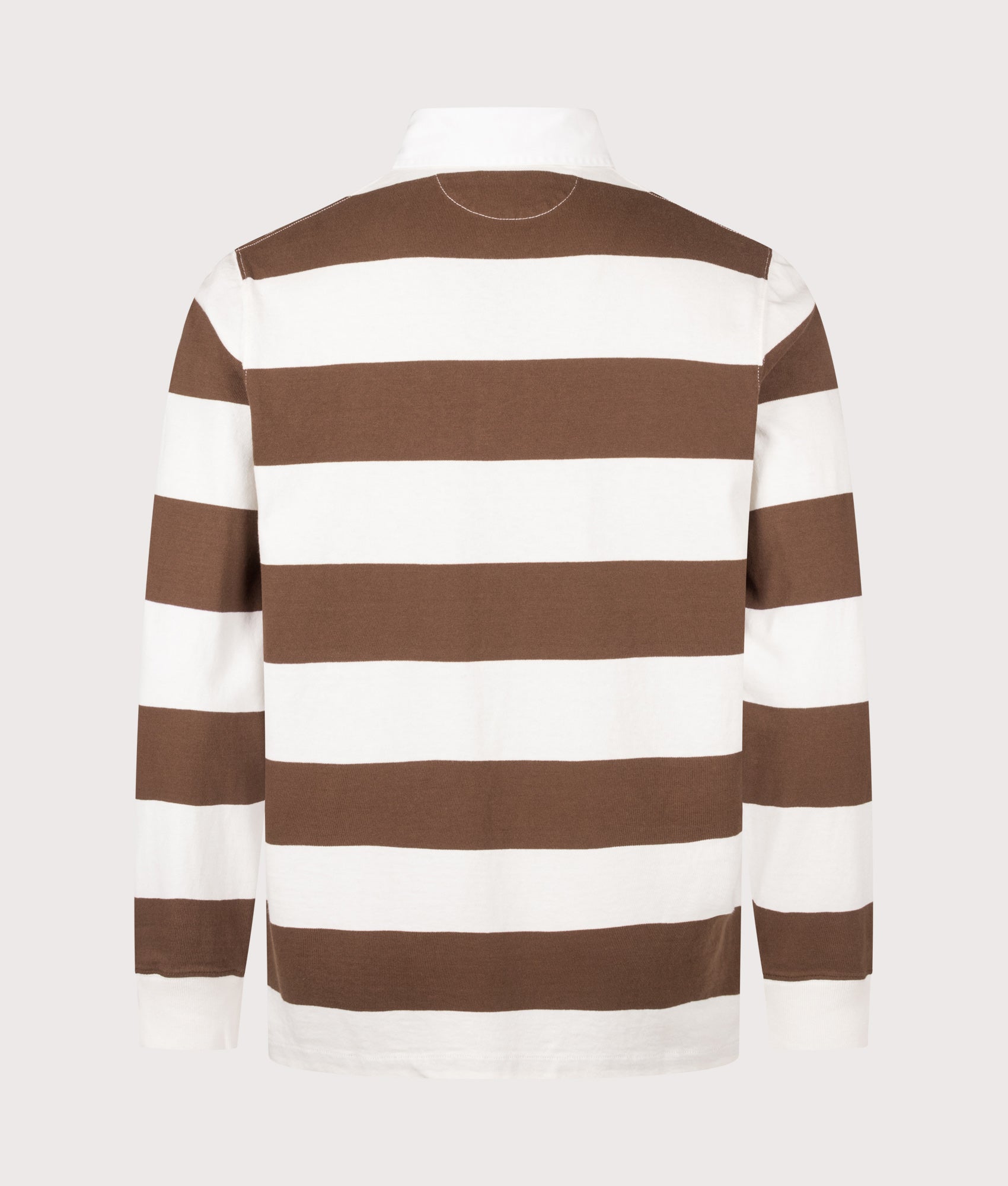 Polo Ralph Lauren Classic Fit The Iconic Striped Rugby Shirt in Trophy Cream and Chocolate Brown at EQVVS Menswear. Back shot.