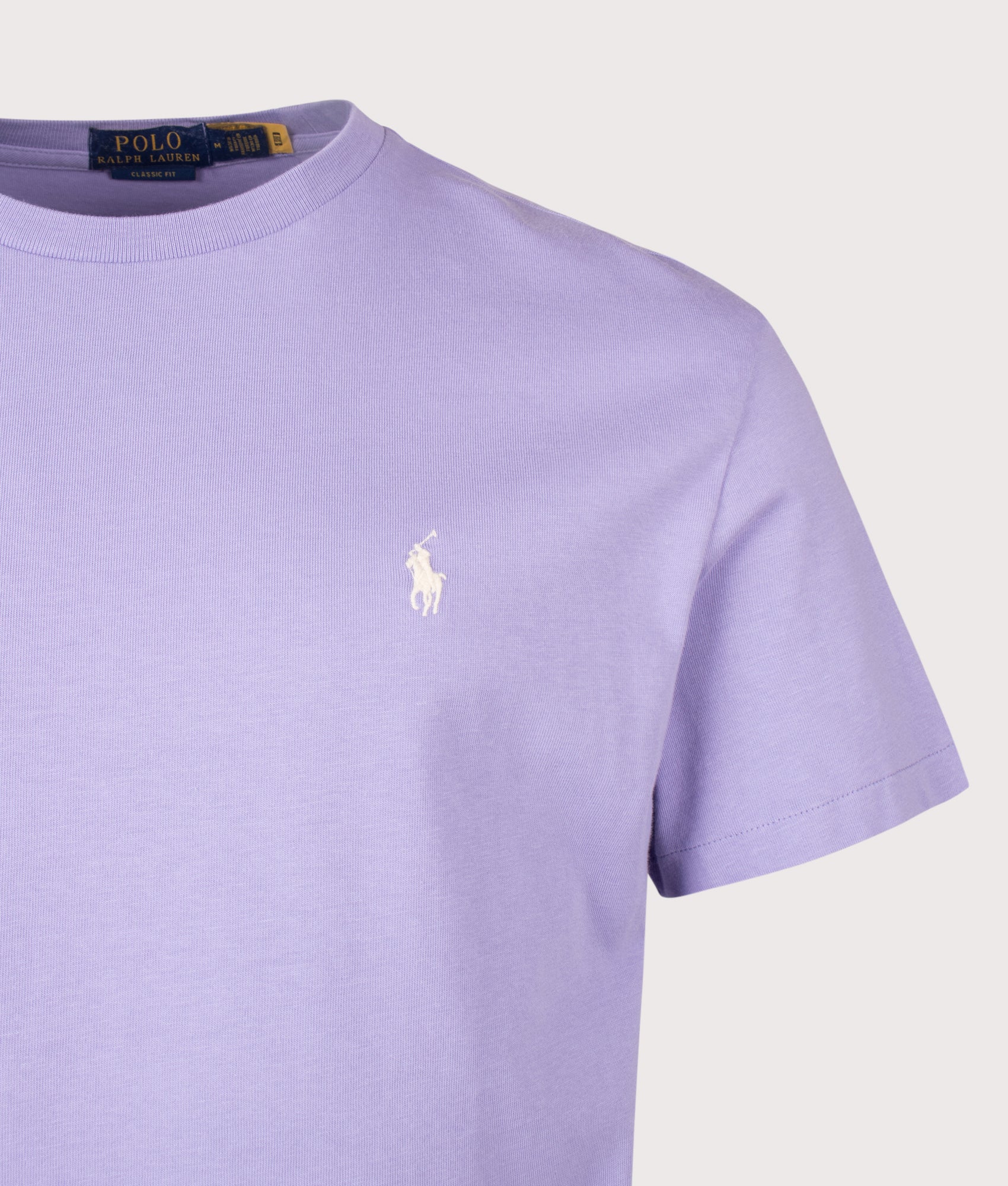 Polo Ralph Lauren Classic Fit Jersey T-Shirt in Powder Purple at EQVVS Menswear. Detail shot.