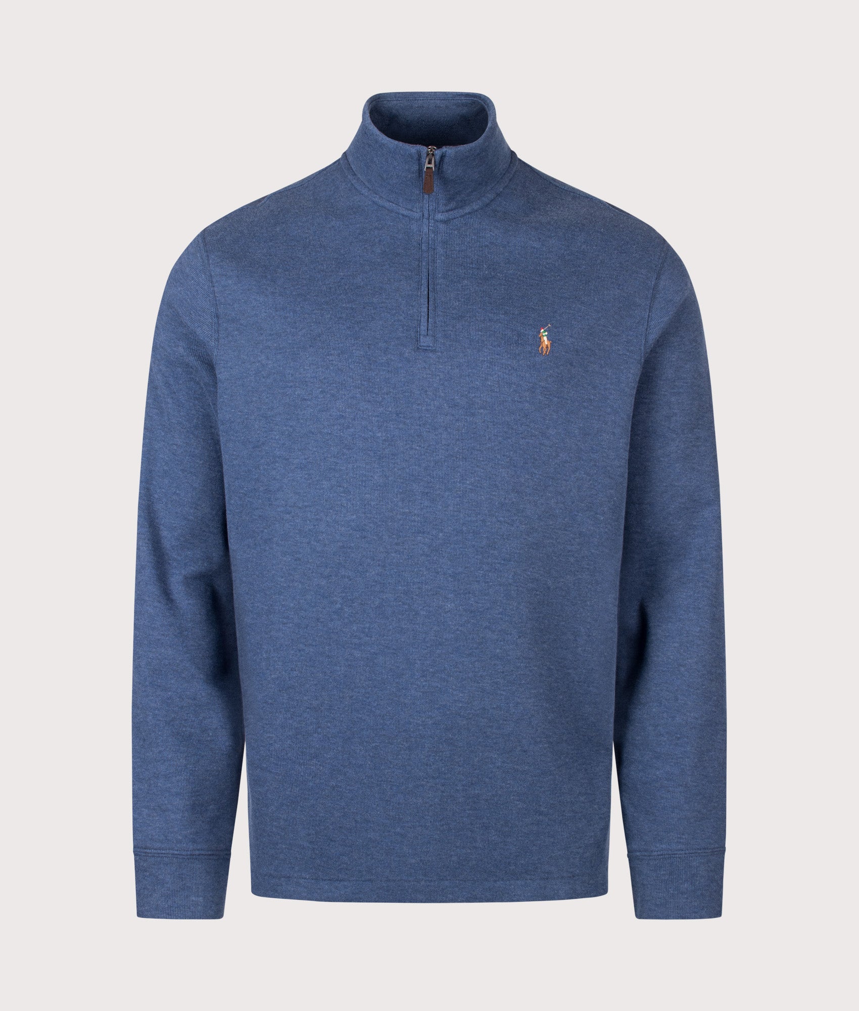 Polo Ralph Lauren Estate-Rib Quarter Zip Knit Jumper in Derby Blue Heather at EQVVS Menswear. Front shot.