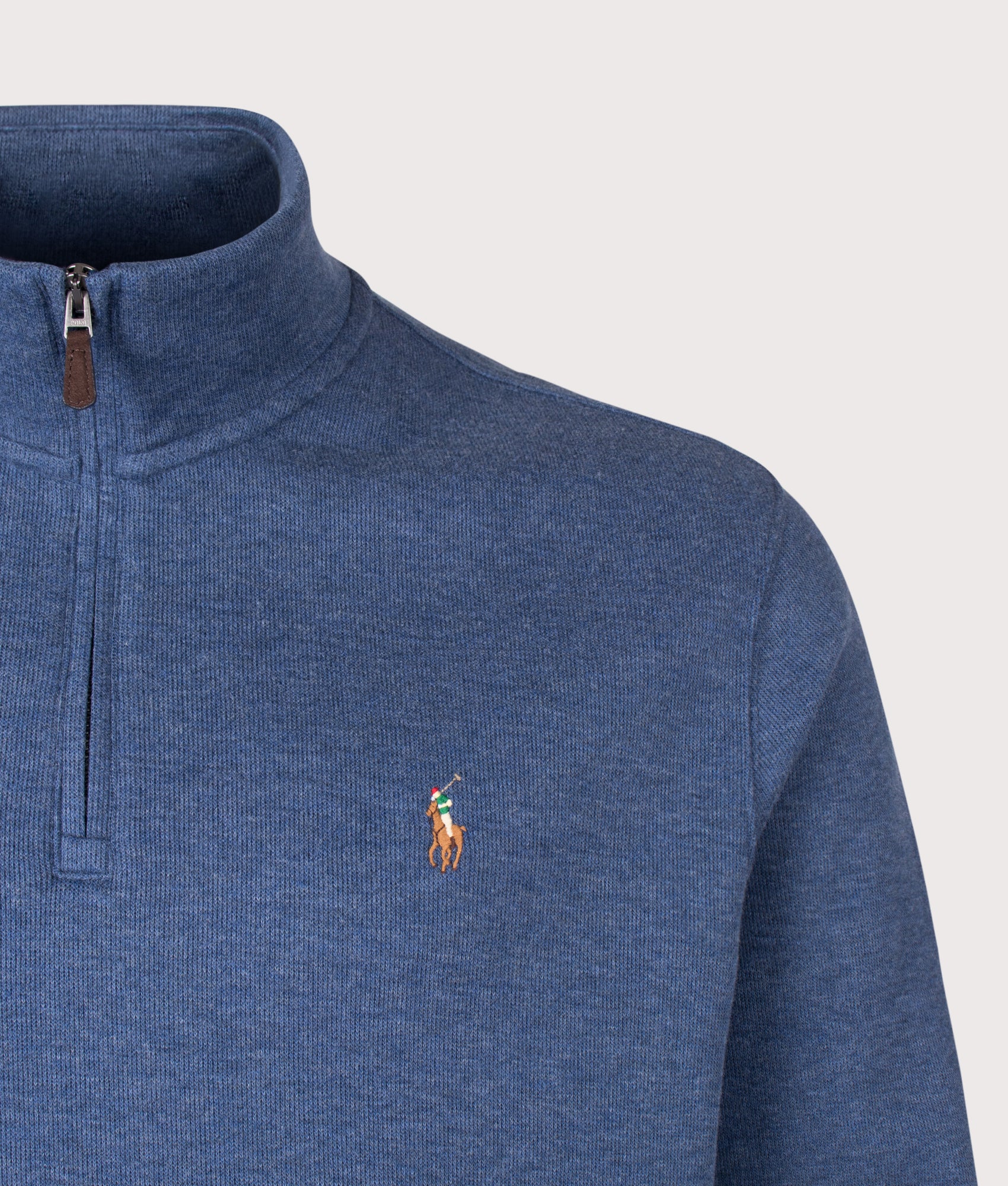 Polo Ralph Lauren Estate-Rib Quarter Zip Knit Jumper in Derby Blue Heather at EQVVS Menswear. Detail shot.