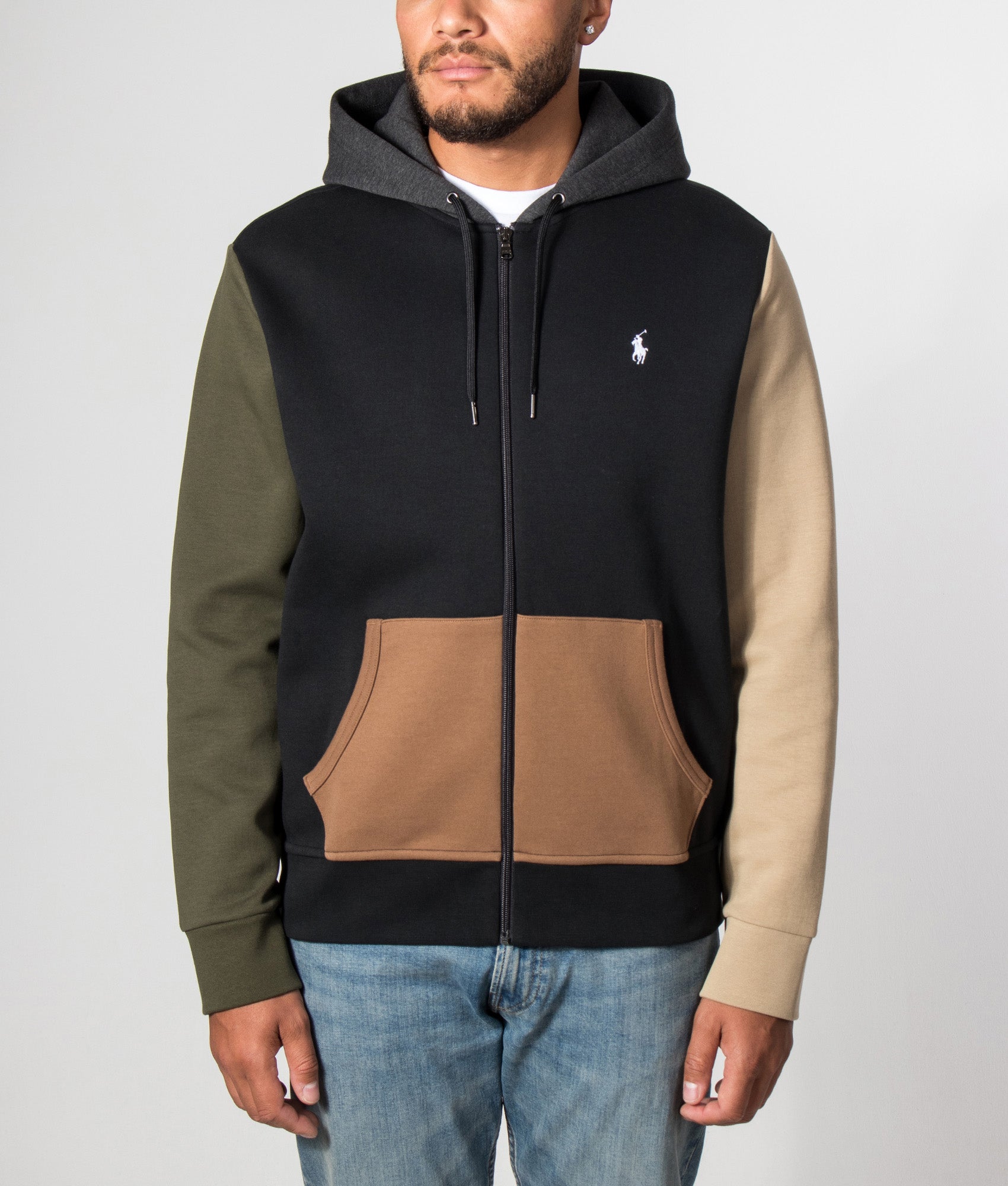 Polo Ralph Lauren Double-Knit Zip Through Hoodie in Polo Black Multi at EQVVS Menswear. Model front shot.