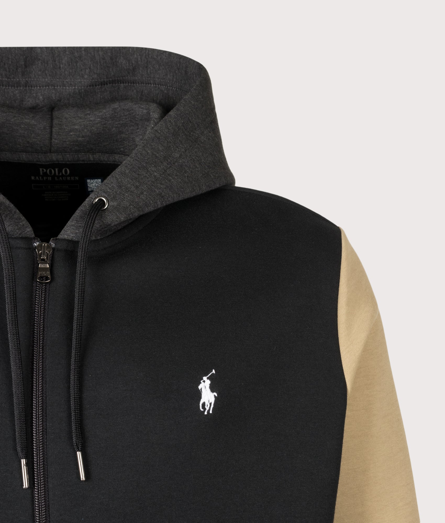 Polo Ralph Lauren Double-Knit Zip Through Hoodie in Polo Black Multi at EQVVS Menswear. Detail shot.