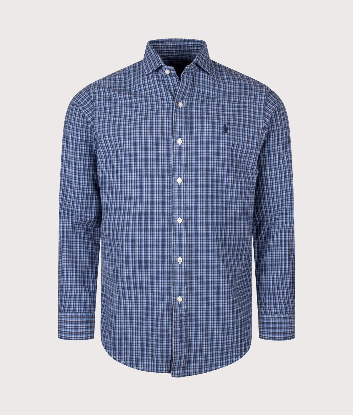 Polo Ralph Lauren Custom Fit Plaid Oxford Shirt in Blue Heather Multi at EQVVS Menswear. Front shot.
