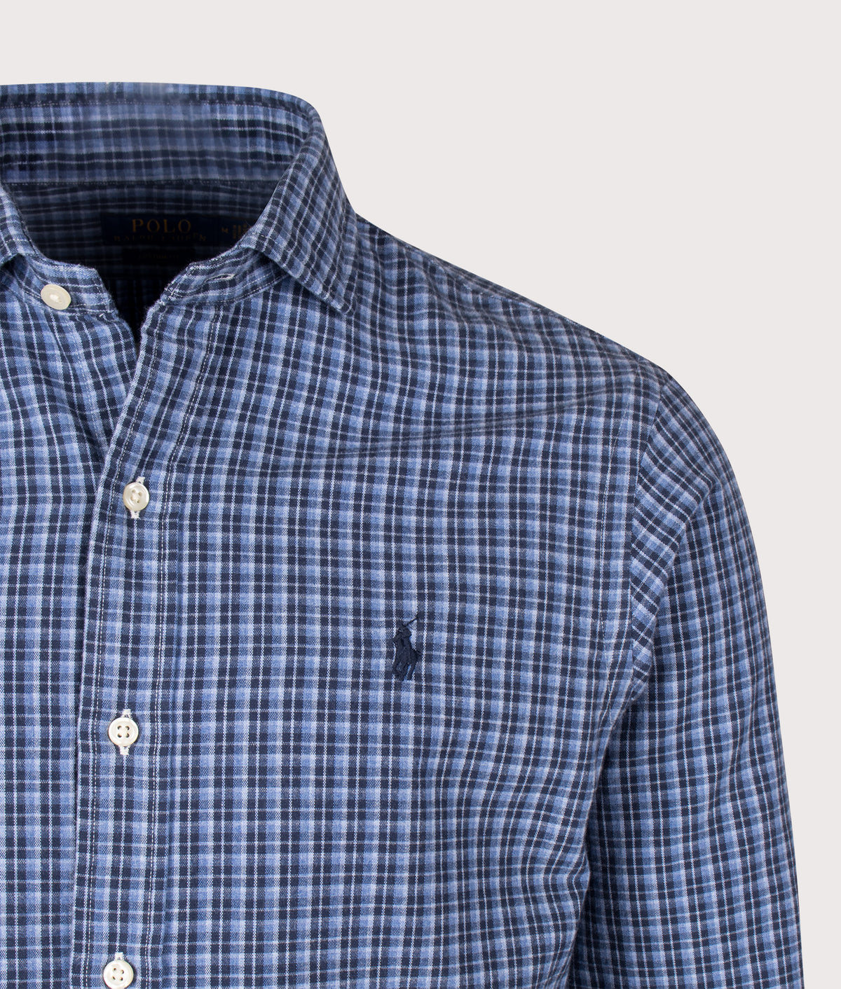 Polo Ralph Lauren Custom Fit Plaid Oxford Shirt in Blue Heather Multi at EQVVS Menswear. Detail shot.