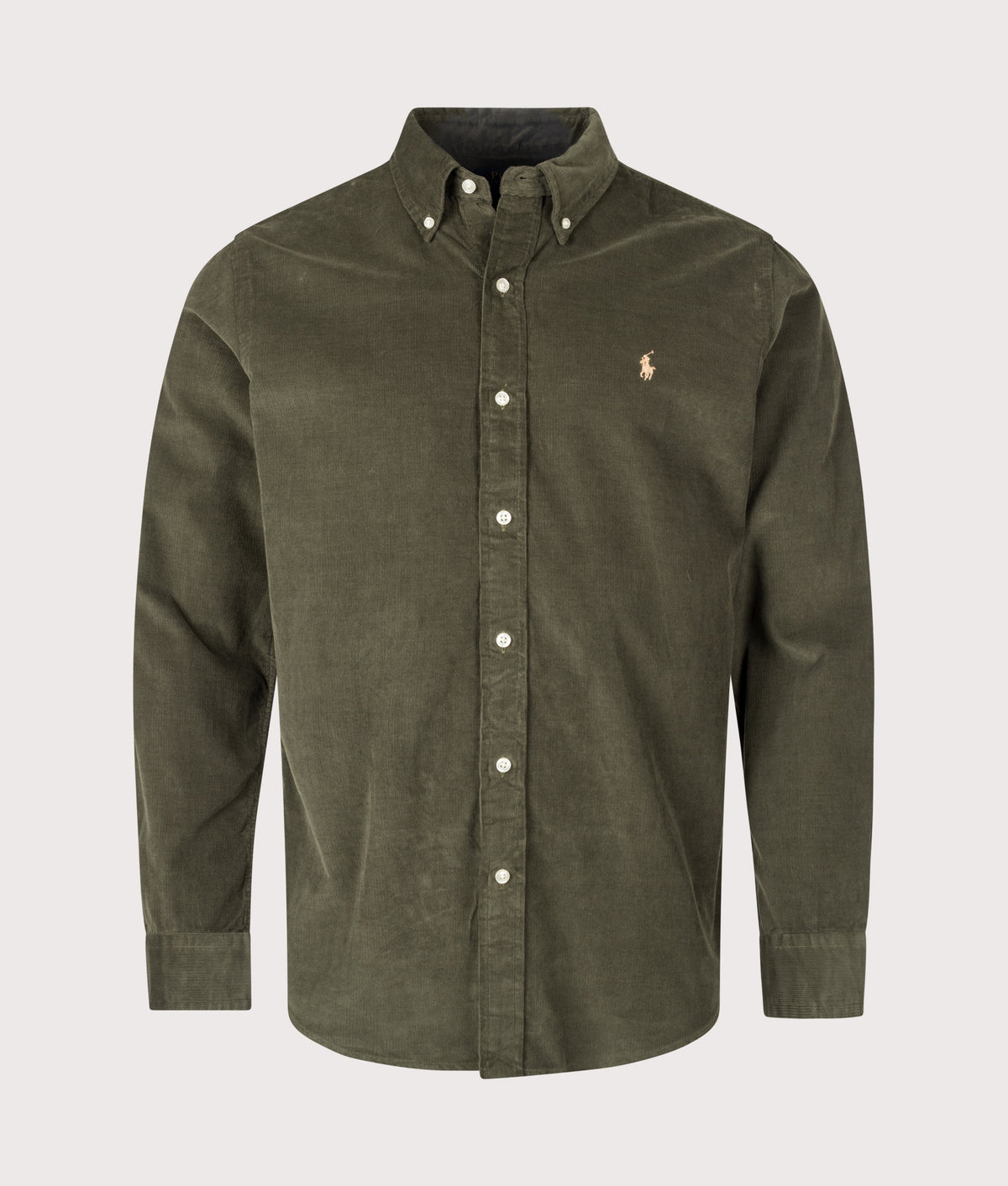 Polo Ralph Lauren Custom Fit Corduroy Shirt in Company Olive at EQVVS Menswear. Front shot.
