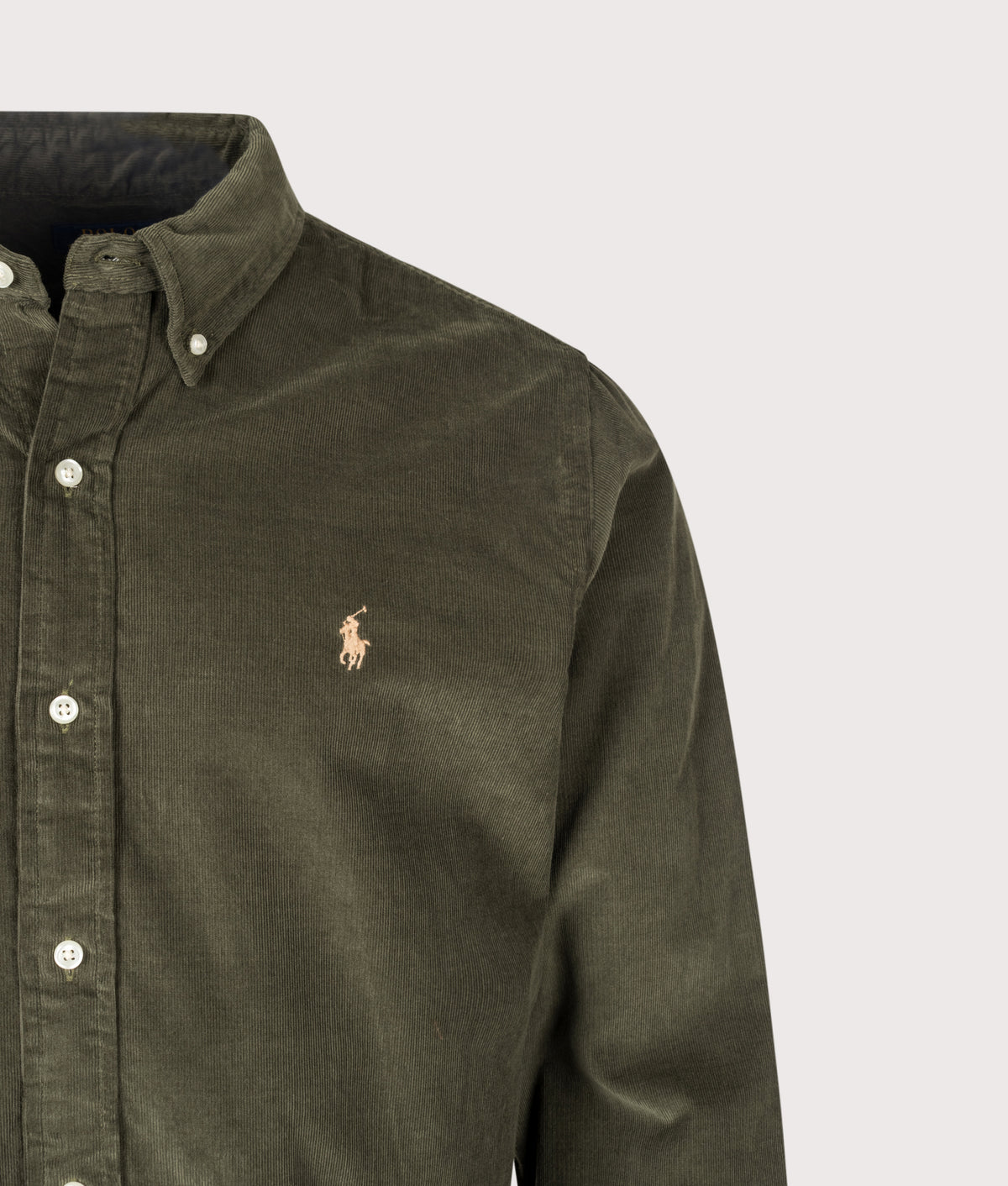 Polo Ralph Lauren Custom Fit Corduroy Shirt in Company Olive at EQVVS Menswear. Detail shot.