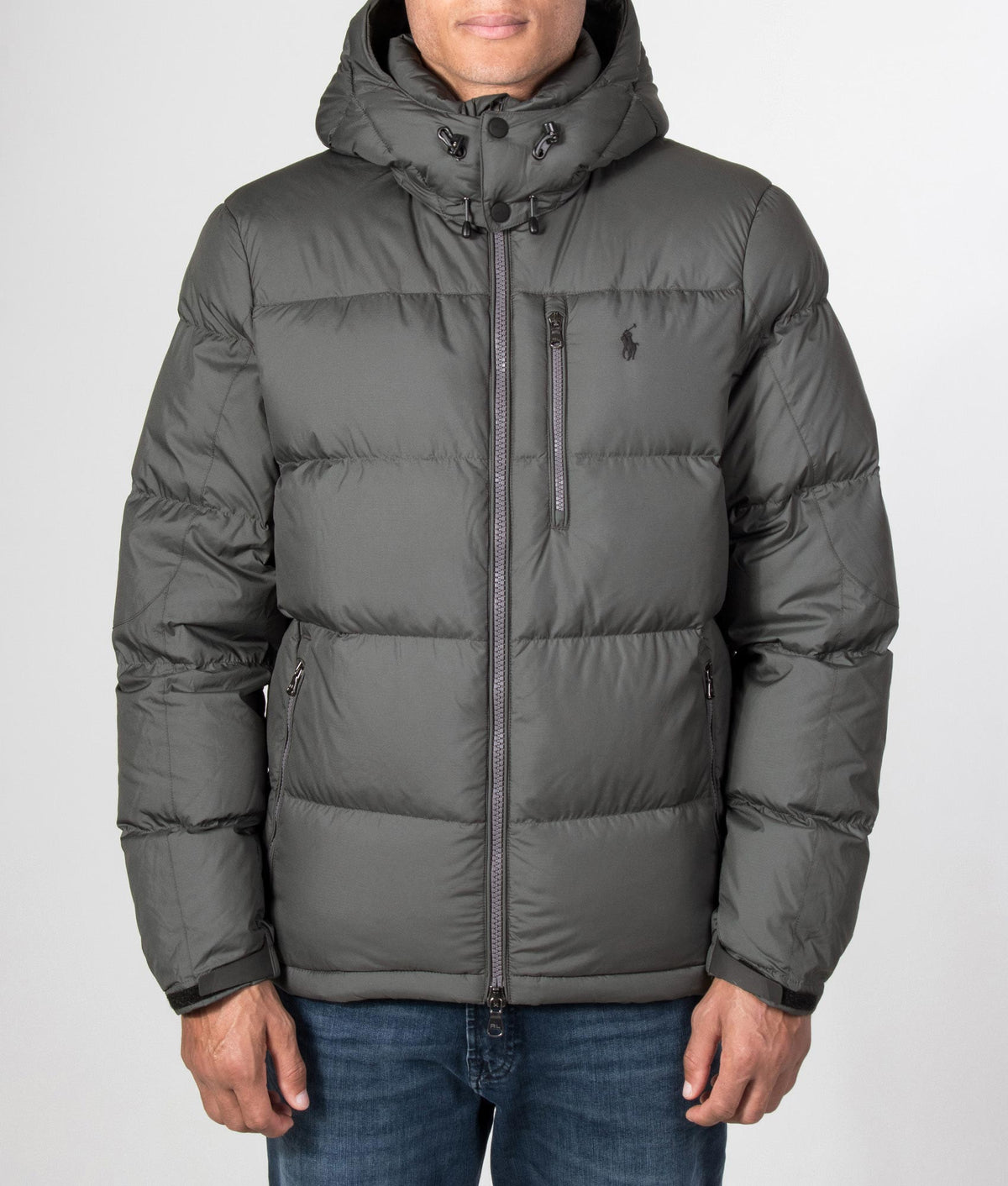 Polo Ralph Lauren The Gorham Down Jacket in Charcoal Grey at EQVVS Menswear. Model front shot.