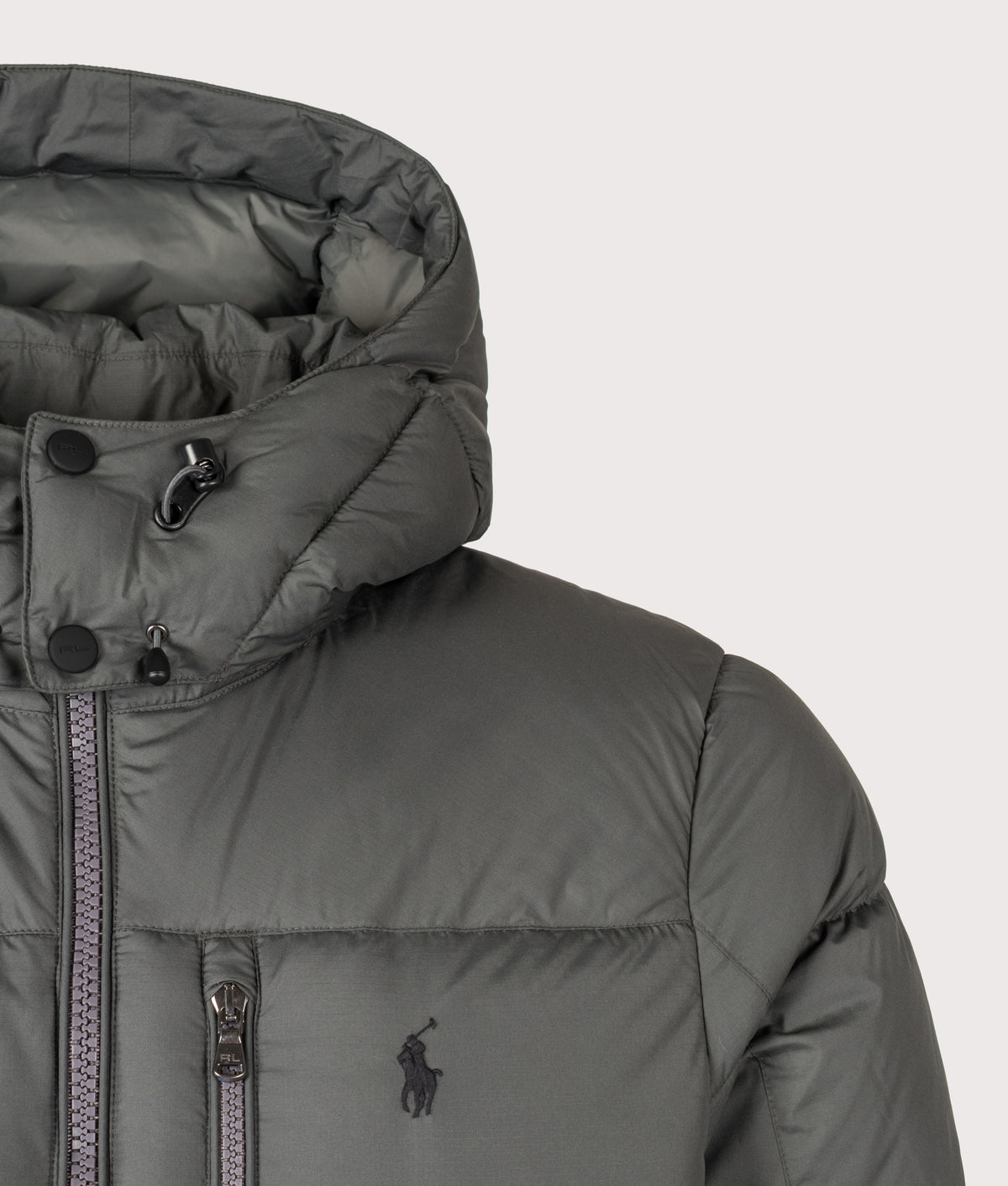 Polo Ralph Lauren The Gorham Down Jacket in Charcoal Grey at EQVVS Menswear. Detail shot.