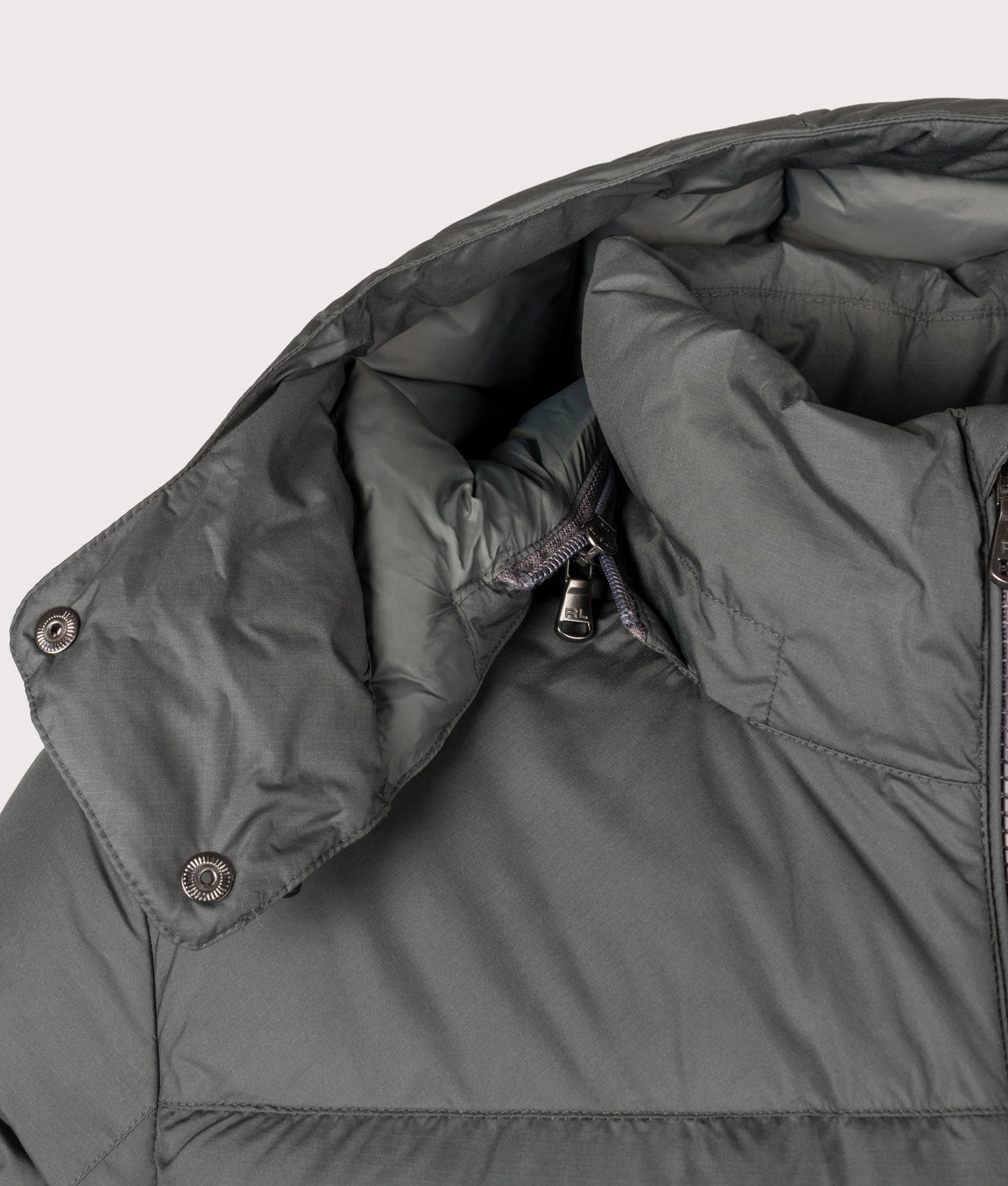 Polo Ralph Lauren The Gorham Down Jacket in Charcoal Grey at EQVVS Menswear. Hood detail shot.