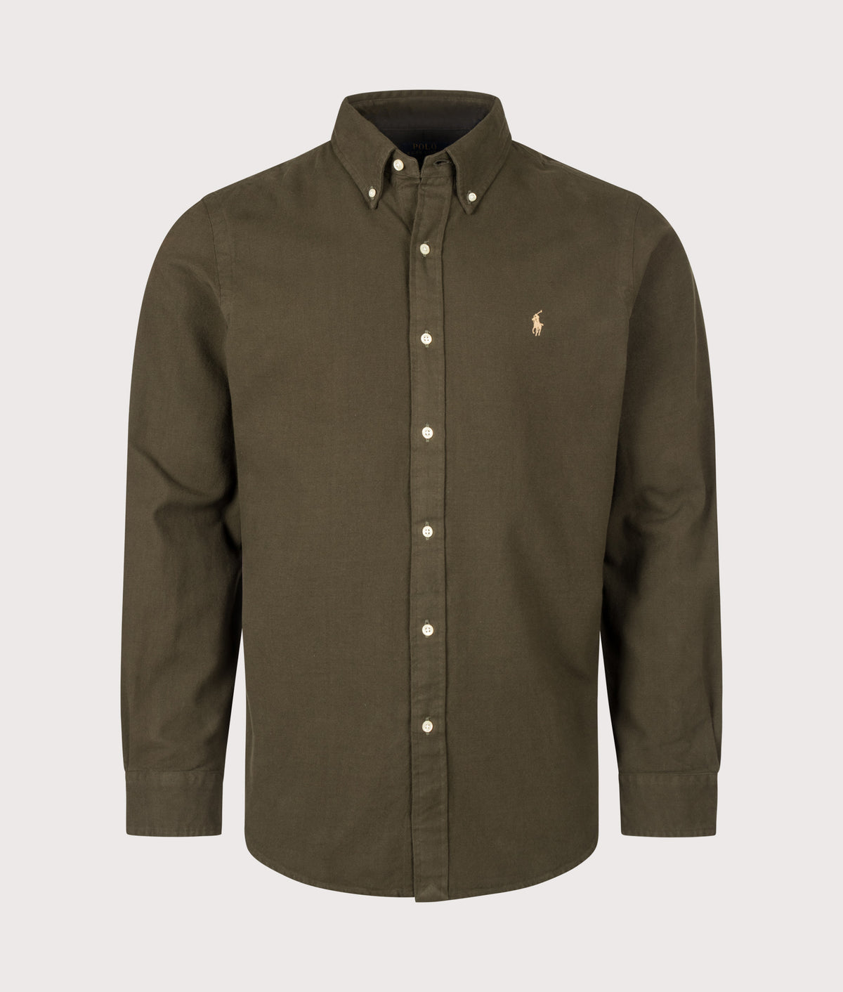Polo Ralph Lauren Custom Fit Brushed Flannel Shirt in Company Olive at EQVVS Menswear. Front shot.