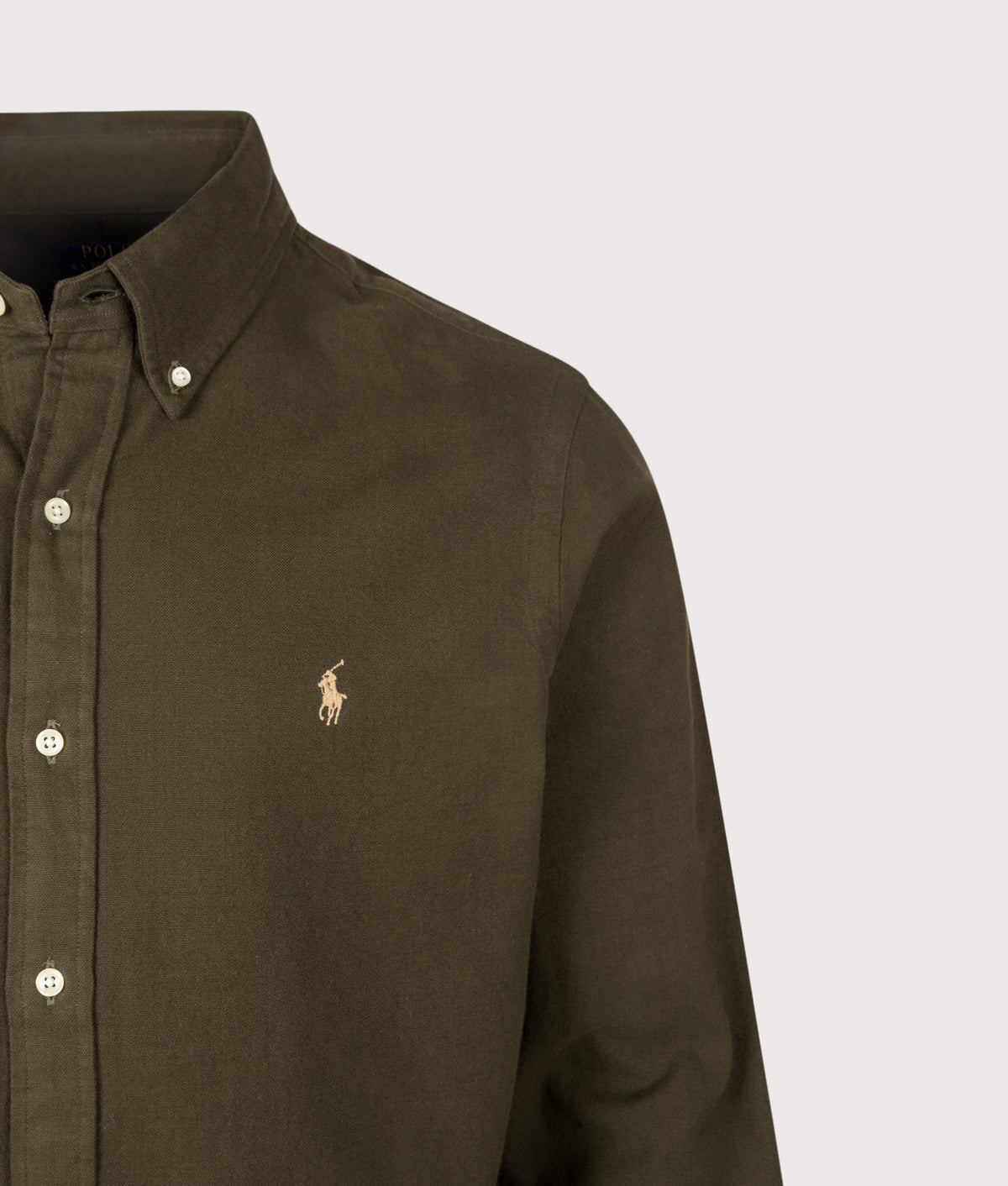 Polo Ralph Lauren Custom Fit Brushed Flannel Shirt in Company Olive at EQVVS Menswear. Detail shot.