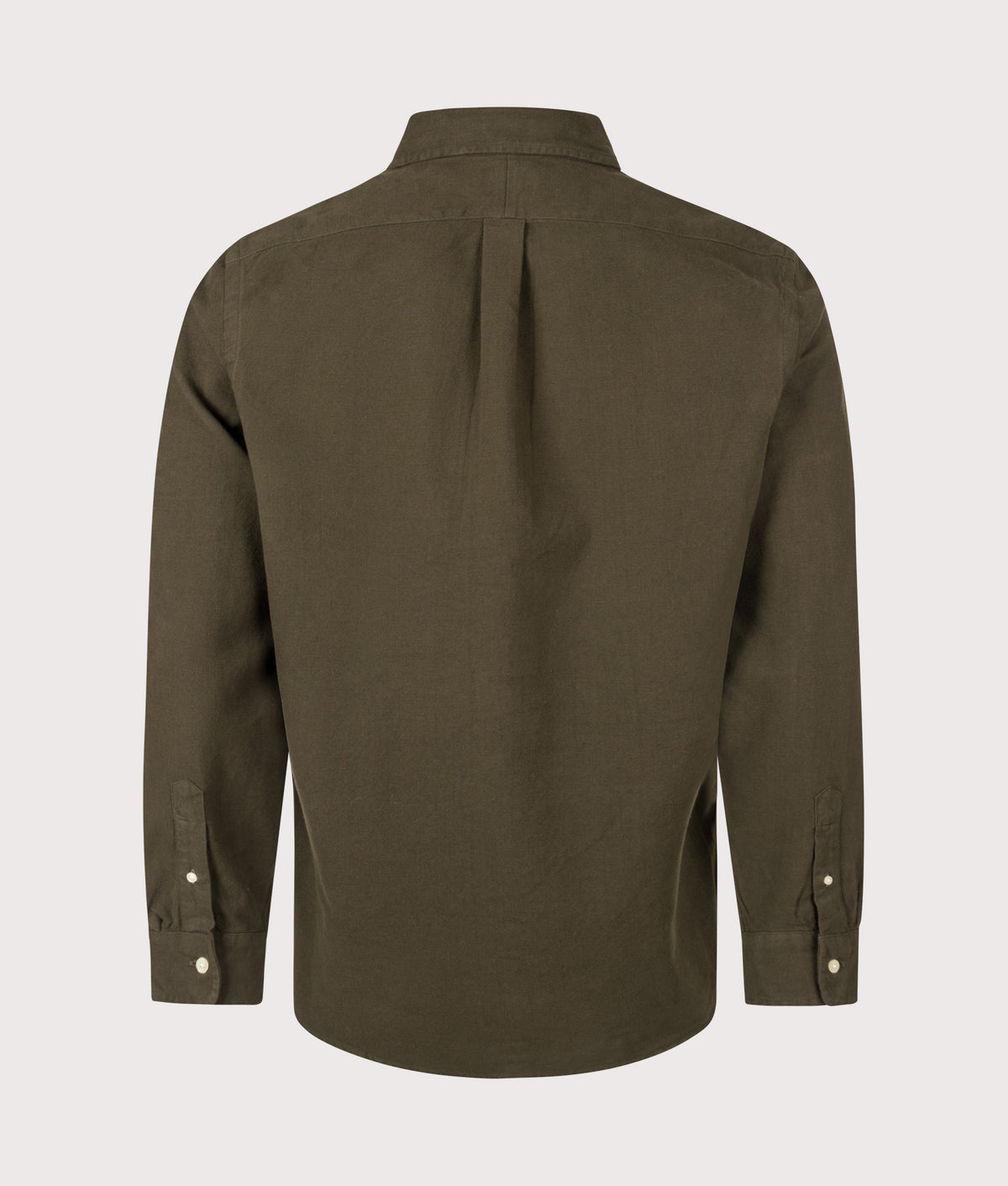 Polo Ralph Lauren Custom Fit Brushed Flannel Shirt in Company Olive at EQVVS Menswear. Back shot.