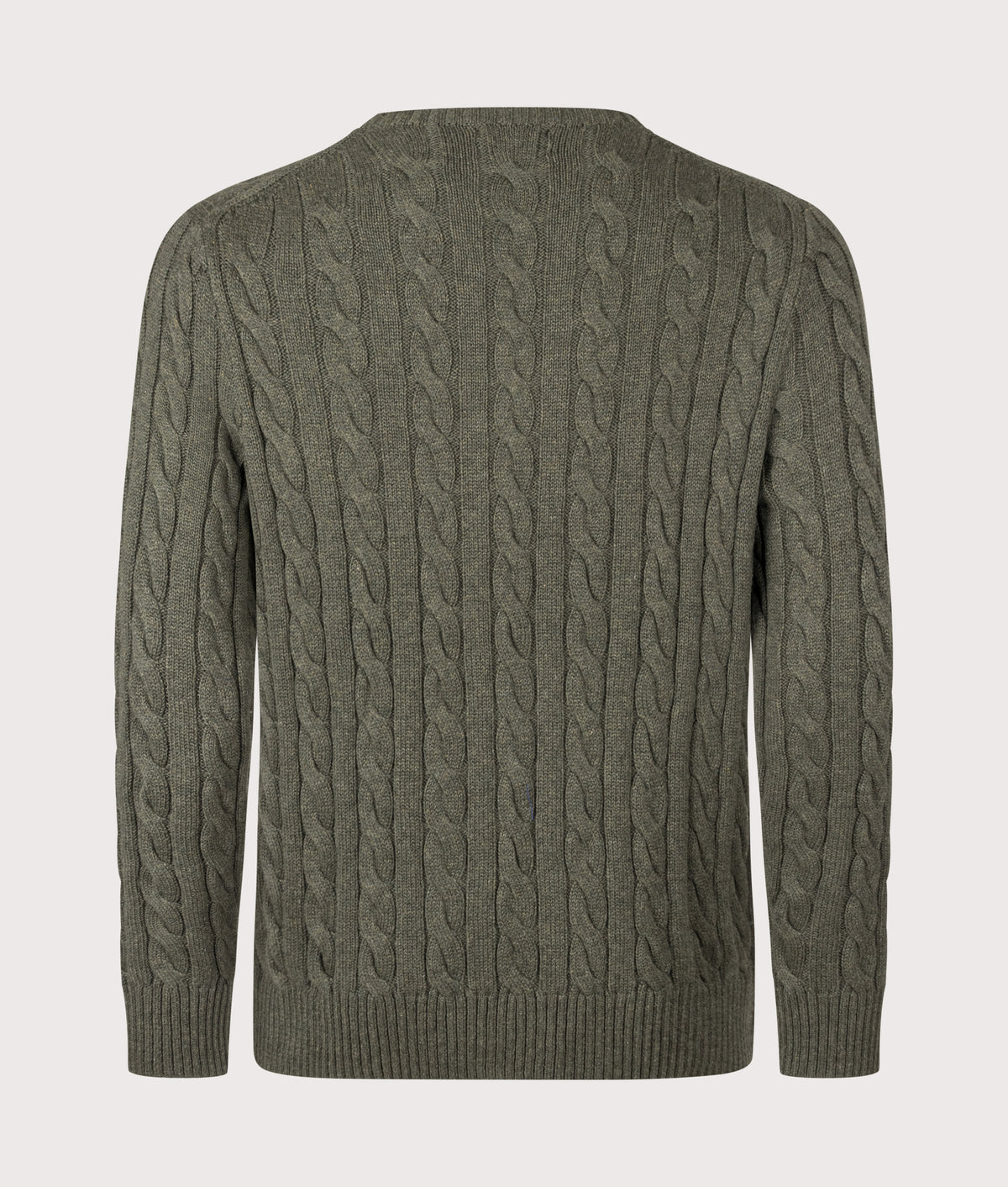 Polo Ralph Lauren Regular Fit Cable Knit Cotton Jumper in Olive Shrub Heather at EQVVS Menswear. Back shot.
