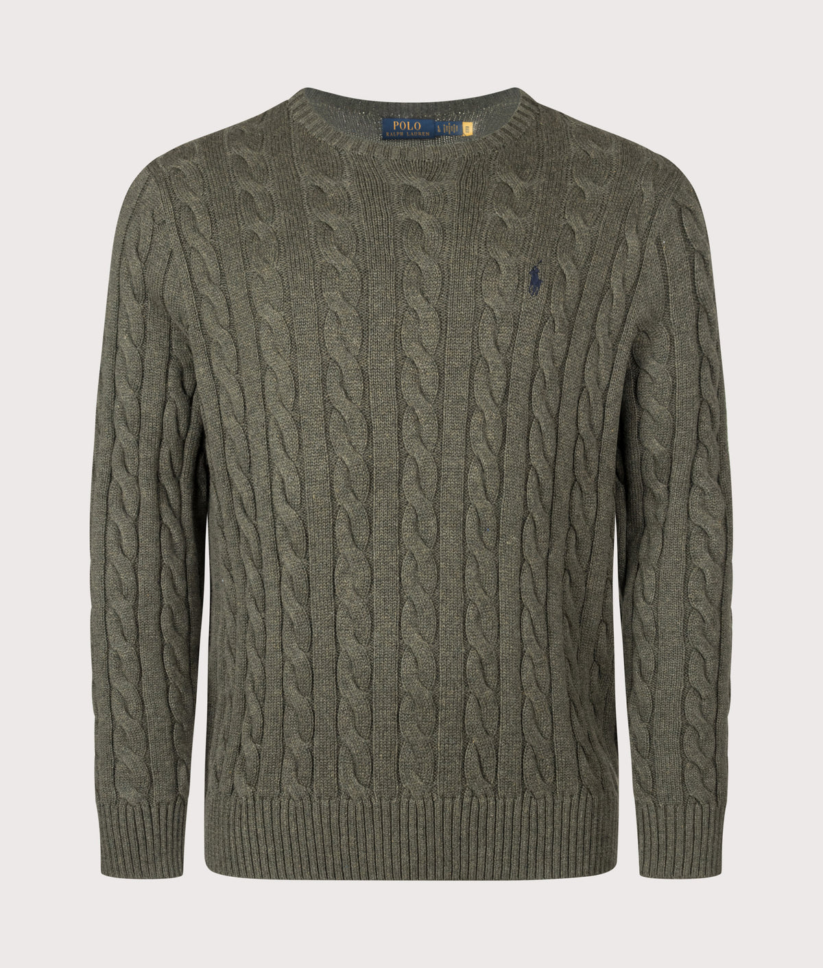 Polo Ralph Lauren Regular Fit Cable Knit Cotton Jumper in Olive Shrub Heather at EQVVS Menswear. Front shot.