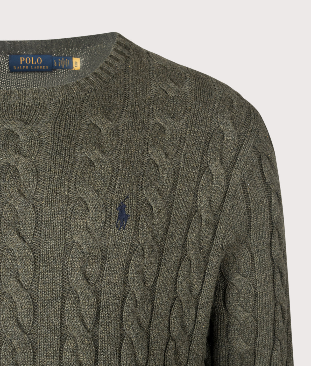 Polo Ralph Lauren Regular Fit Cable Knit Cotton Jumper in Olive Shrub Heather at EQVVS Menswear. Detail shot.