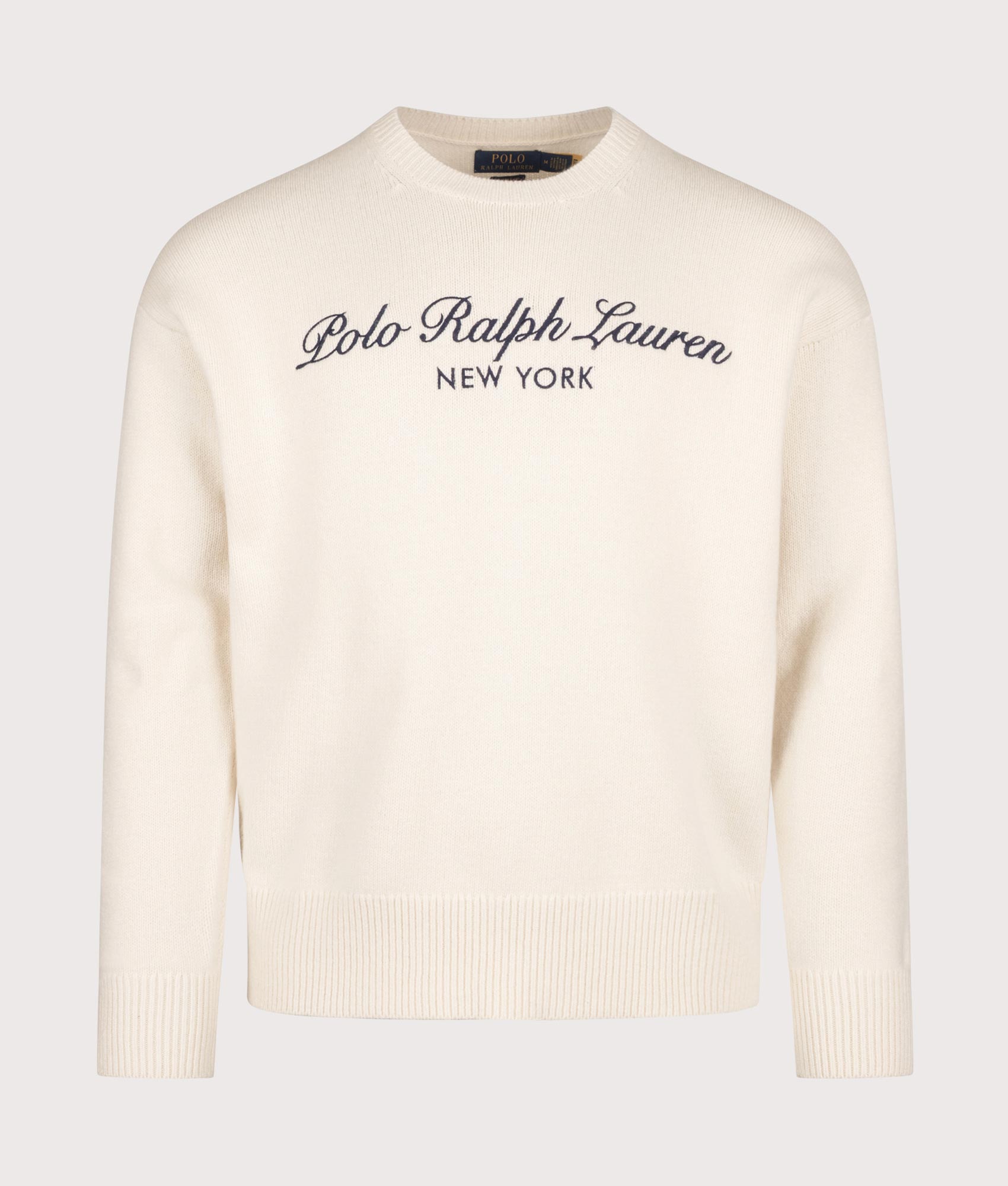 Polo Ralph Lauren Relaxed Fit Wool Blend Knitted Jumper in Andover Cream at EQVVS Menswear. Front shot.