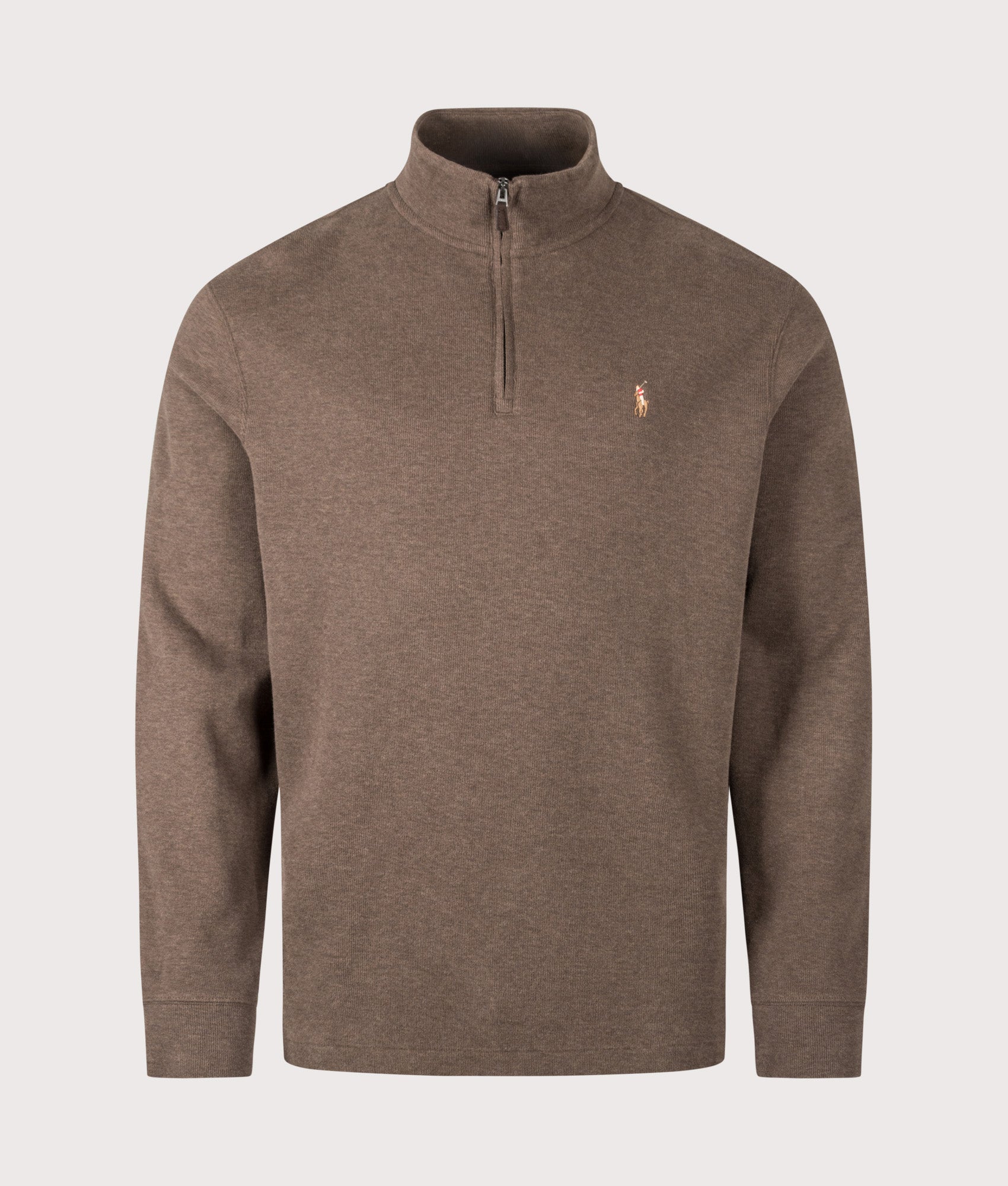 Polo Ralph Lauren Loose Fit Estate-Rib Quarter Zip Knit Jumper in Nutmeg Brown Heather at EQVVS Menswear. Front shot.
