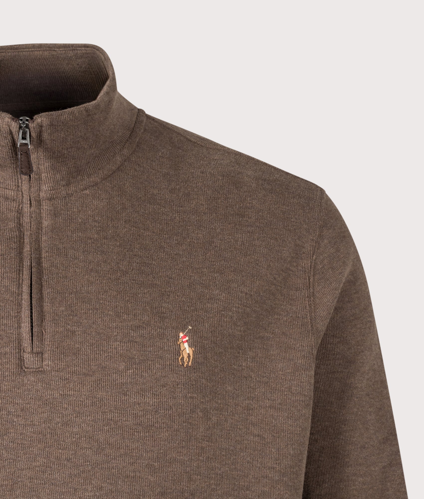 Polo Ralph Lauren Loose Fit Estate-Rib Quarter Zip Knit Jumper in Nutmeg Brown Heather at EQVVS Menswear. Detail shot.