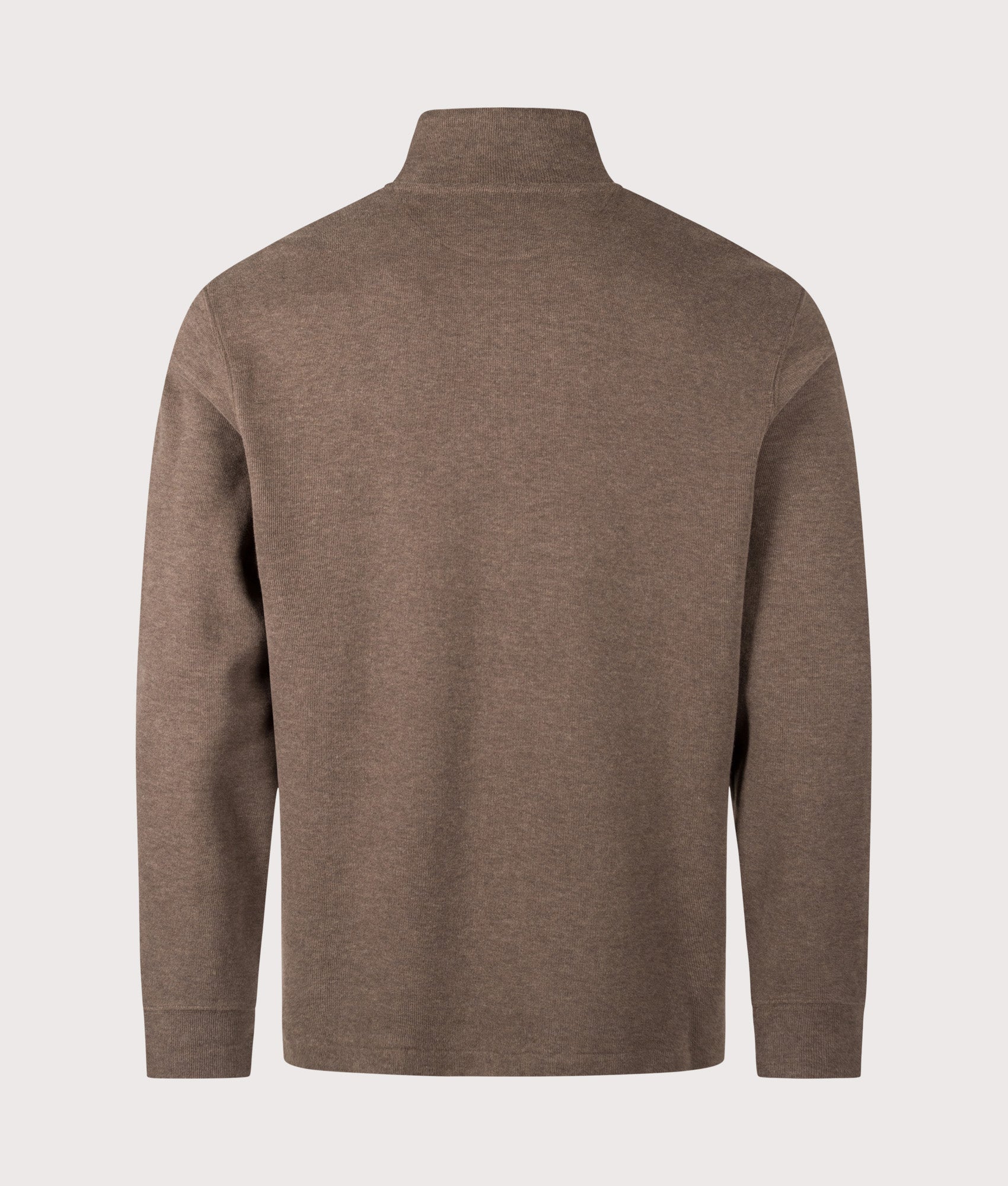Polo Ralph Lauren Loose Fit Estate-Rib Quarter Zip Knit Jumper in Nutmeg Brown Heather at EQVVS Menswear. Back shot.