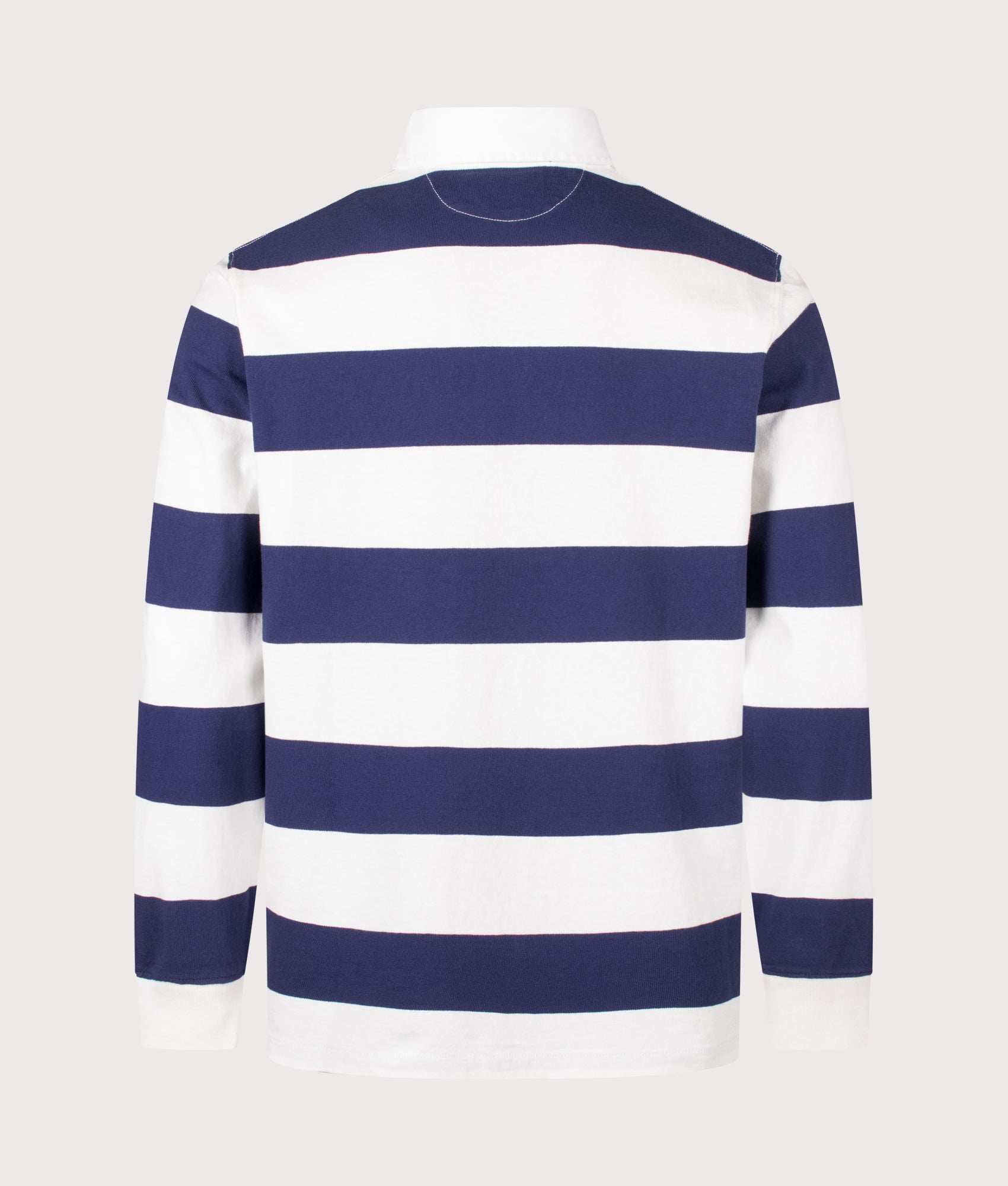 Polo Ralph Lauren Classic Fit The Iconic Striped Rugby Shirt in Trophy Cream and Balthus Navy at EQVVS Menswear. Back shot.