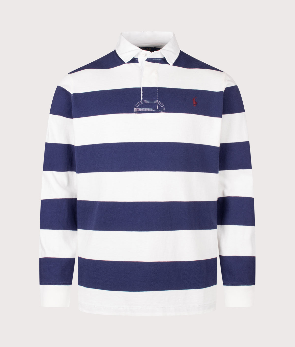 Polo Ralph Lauren Classic Fit The Iconic Striped Rugby Shirt in Trophy Cream and Balthus Navy at EQVVS Menswear. Front shot.
