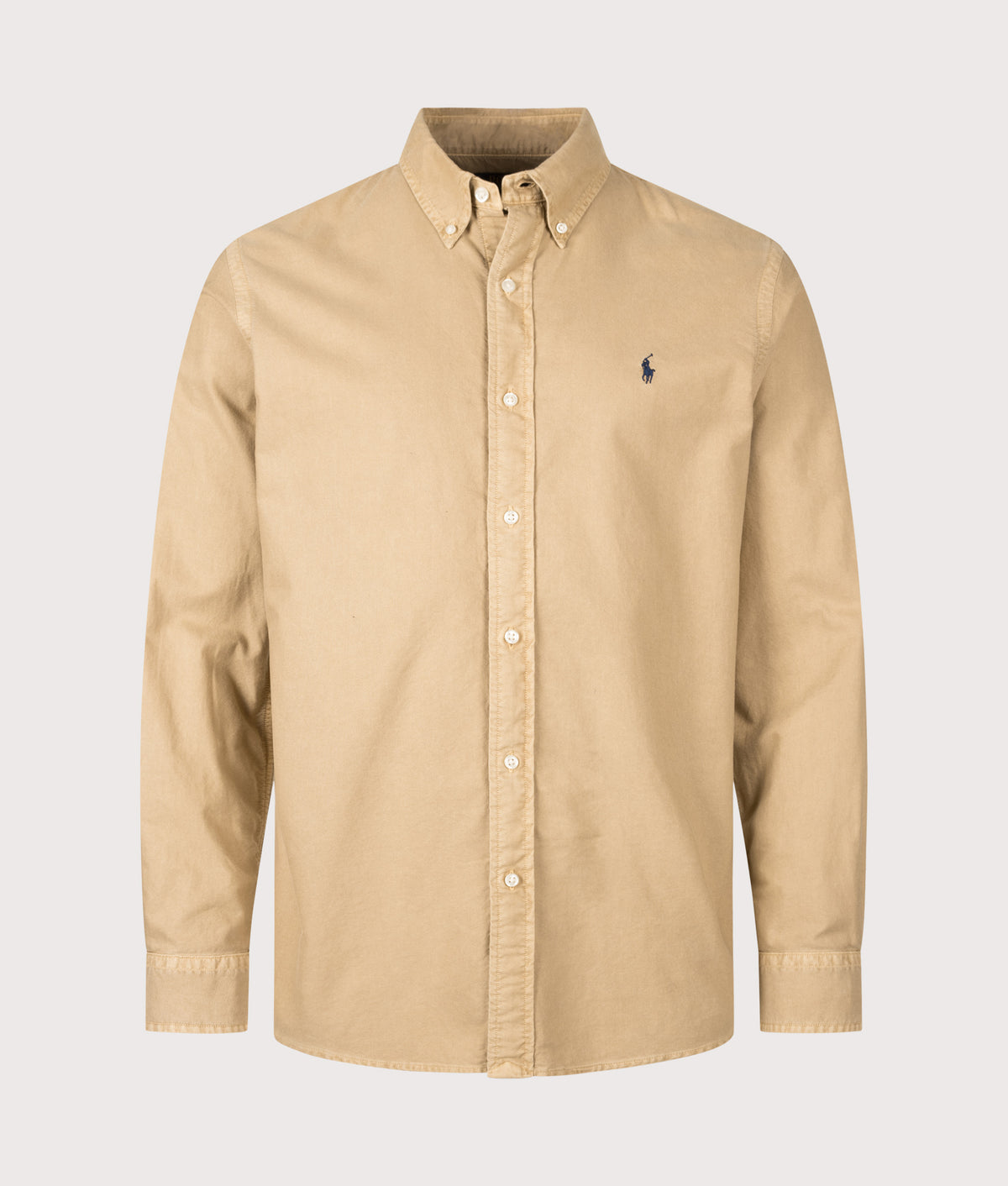 Polo Ralph Lauren Custom Fit Garment-Dyed Oxford Shirt in Classic Camel at EQVVS Menswear. Front shot.