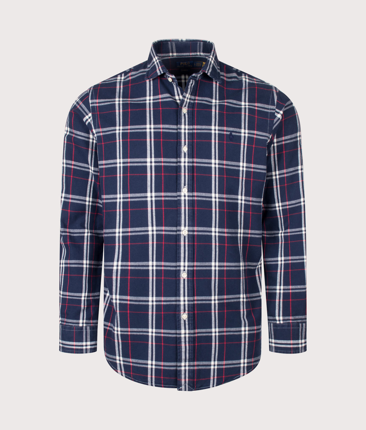 Polo Ralph Lauren Custom Fit Plaid Oxford Shirt in Navy, Red and White at EQVVS Menswear. Front shot.
