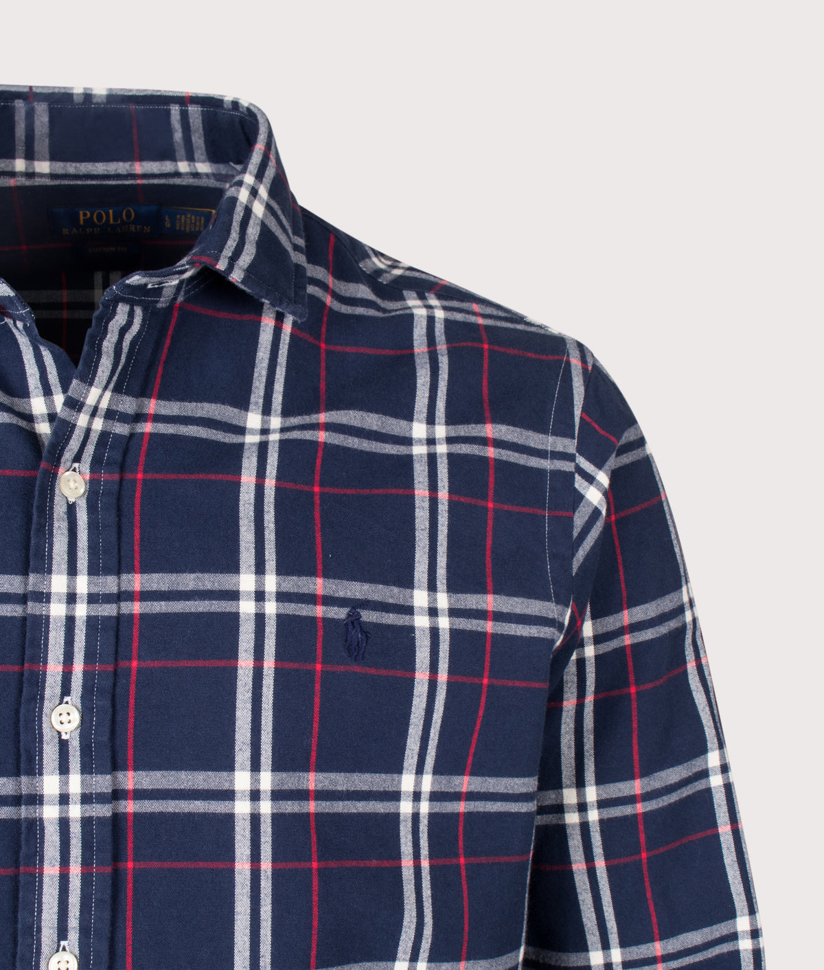 Polo Ralph Lauren Custom Fit Plaid Oxford Shirt in Navy, Red and White at EQVVS Menswear. Detail shot.