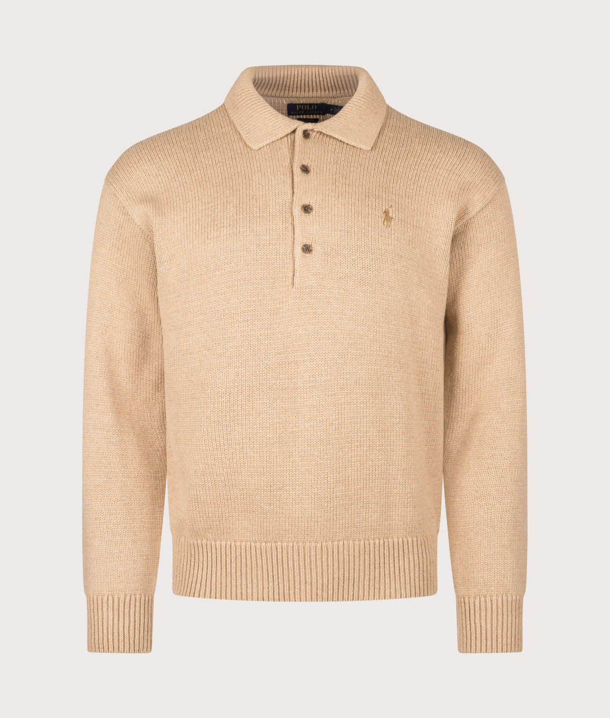 Polo Ralph Lauren Relaxed Fit Knitted Cotton Jumper in Camel Melange at EQVVS Menswear. Front shot.