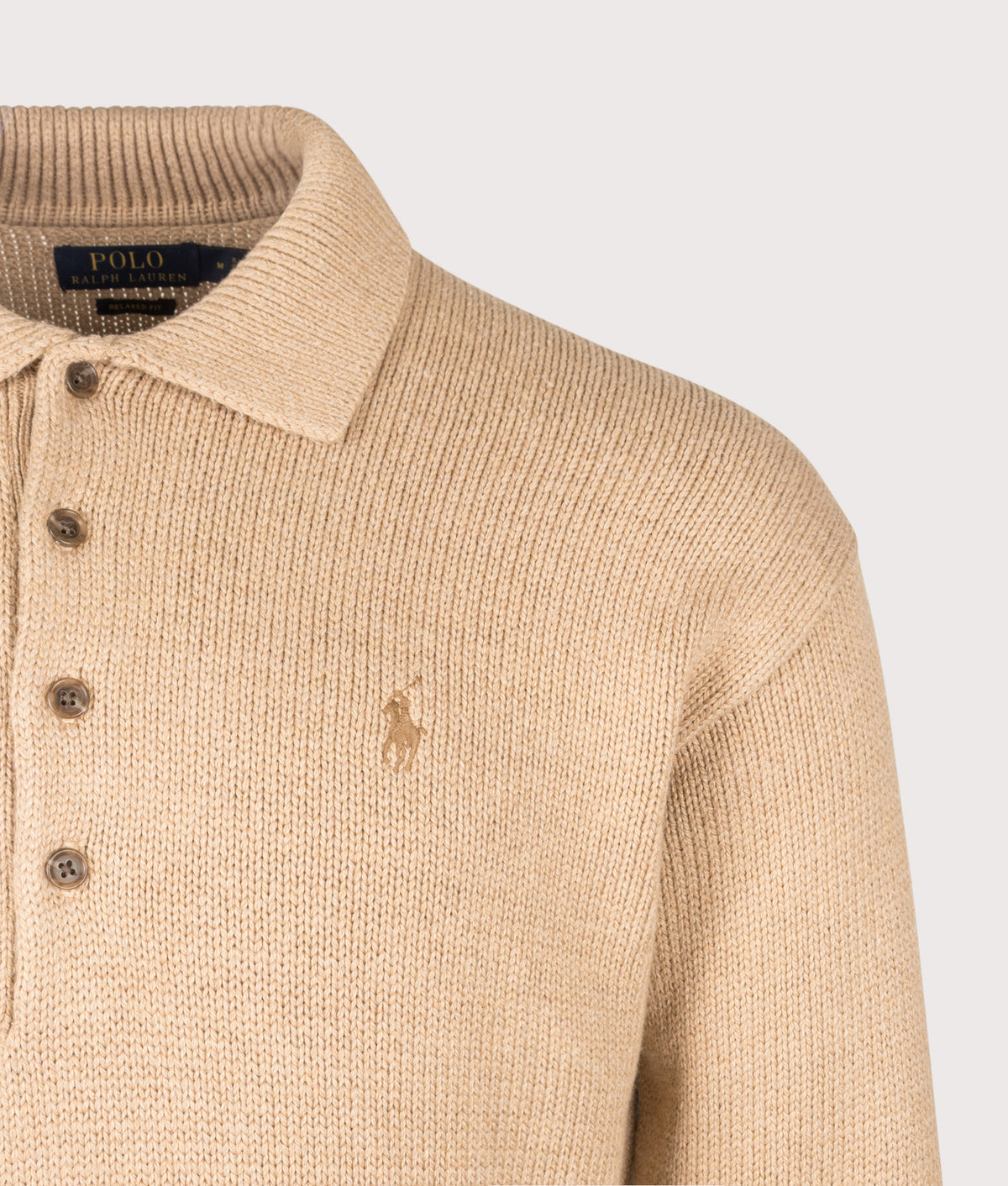 Polo Ralph Lauren Relaxed Fit Knitted Cotton Jumper in Camel Melange at EQVVS Menswear. Detail shot.