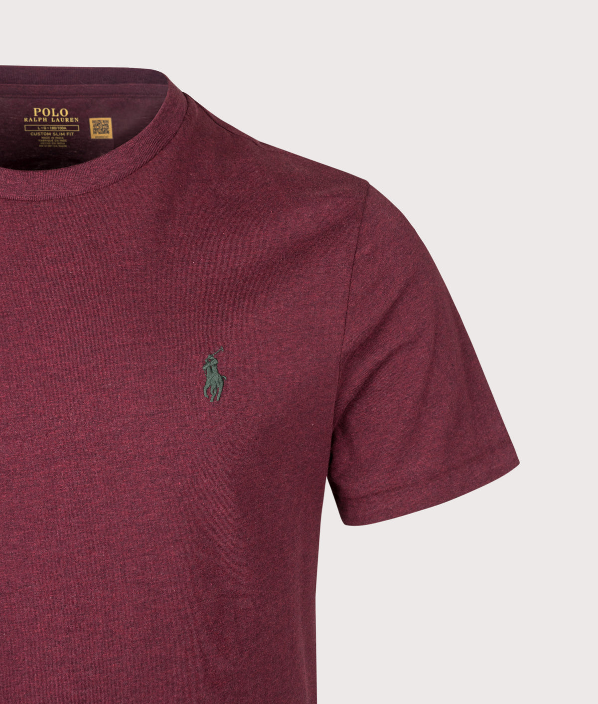 Polo Ralph Lauren Custom Slim Fit Jersey T-Shirt in Spring Wine Heather at EQVVS Menswear. Detail shot.