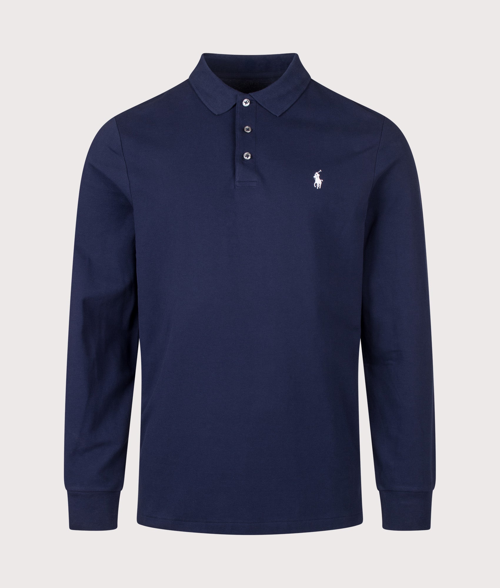 Polo Ralph Lauren Custom Slim Fit Stretch Mesh Long Sleeve Polo Shirt in Refined Navy at EQVVS Menswear. Front shot.