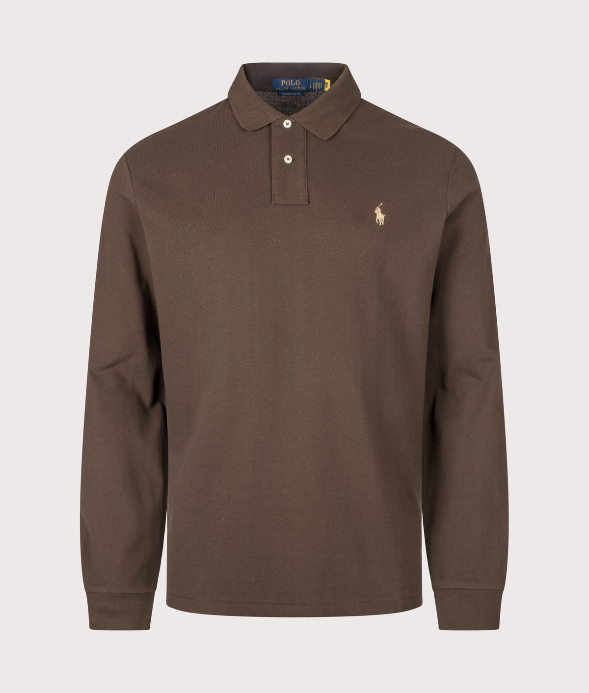 Polo Ralph Lauren Custom Slim Fit Long Sleeve Polo Shirt in Nutmeg Brown at EQVVS Menswear. Front shot.