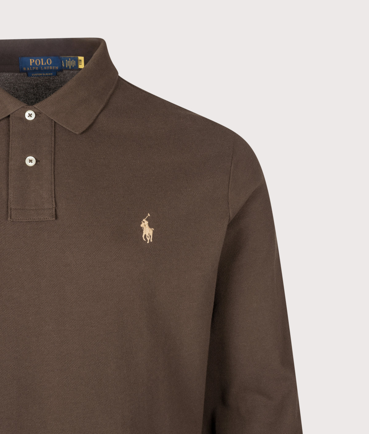 Polo Ralph Lauren Custom Slim Fit Long Sleeve Polo Shirt in Nutmeg Brown at EQVVS Menswear. Detail shot.