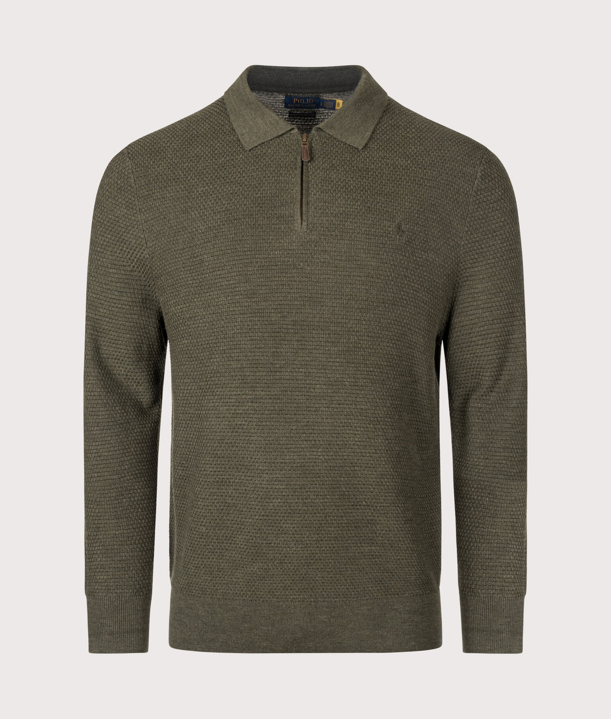 Polo Ralph Lauren Regular fit Merino Wool Polo Collar Jumper in Cargo Olive Heather at EQVVS Menswear. Front shot.