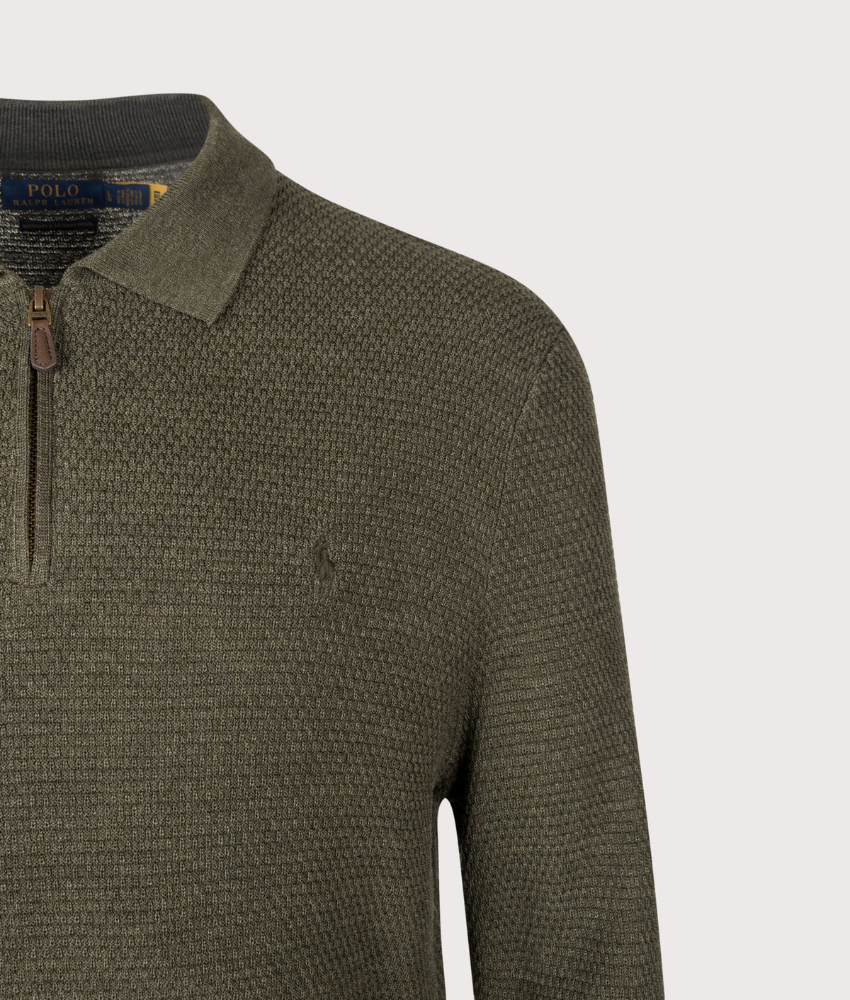 Polo Ralph Lauren Regular fit Merino Wool Polo Collar Jumper in Cargo Olive Heather at EQVVS Menswear. Detail shot.