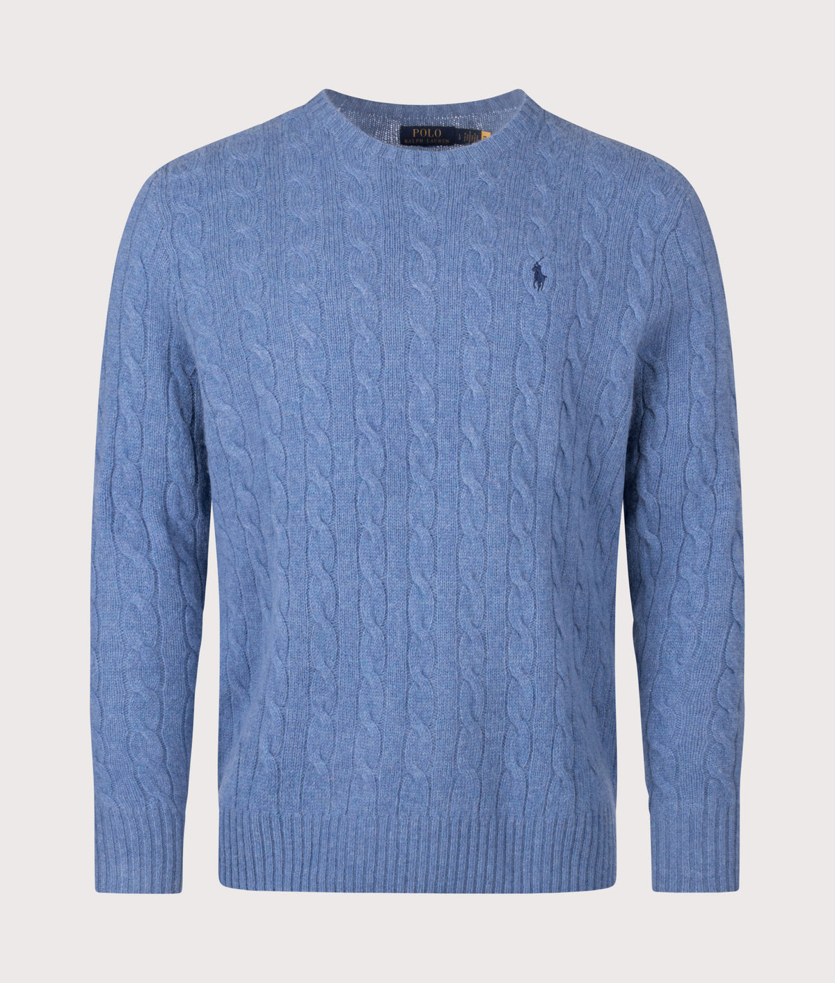 Polo Ralph Lauren Cashmere Blend Cable Knit Jumper in Blue Borage Heather at EQVVS Menswear. Front shot.