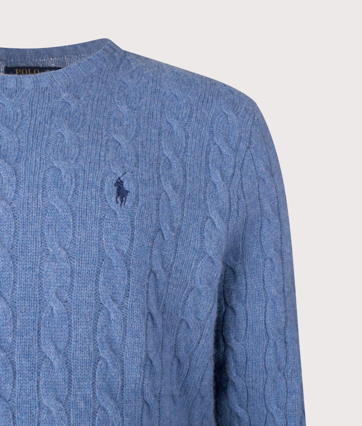 Polo Ralph Lauren Cashmere Blend Cable Knit Jumper in Blue Borage Heather at EQVVS Menswear. Detail shot.